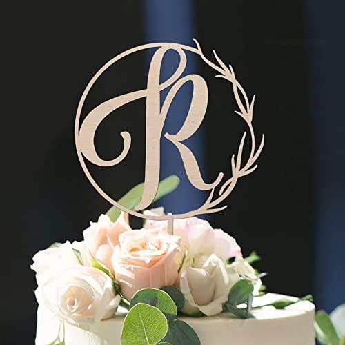 Vinisong Vinisong Personalized Initials Cake Topper Wreath Letter R Cake Topper Wood Monogram Cake Topper Rustic Wedding Cake Topper Birthday Cake Decoration(Design 06,R)