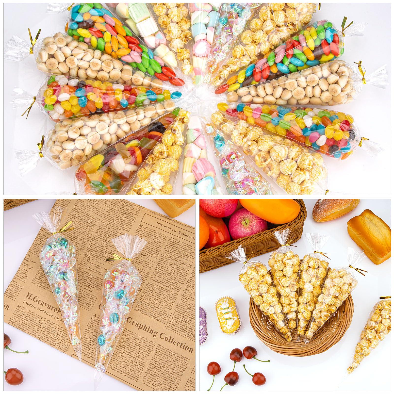 Awpeye Awpeye 200PCS Cone Cellophane Bags 5.12x9.84 Inches Plastic Cone Bags Clear Cone Shaped Treat Bags with 200PCS Gold Twist Ties