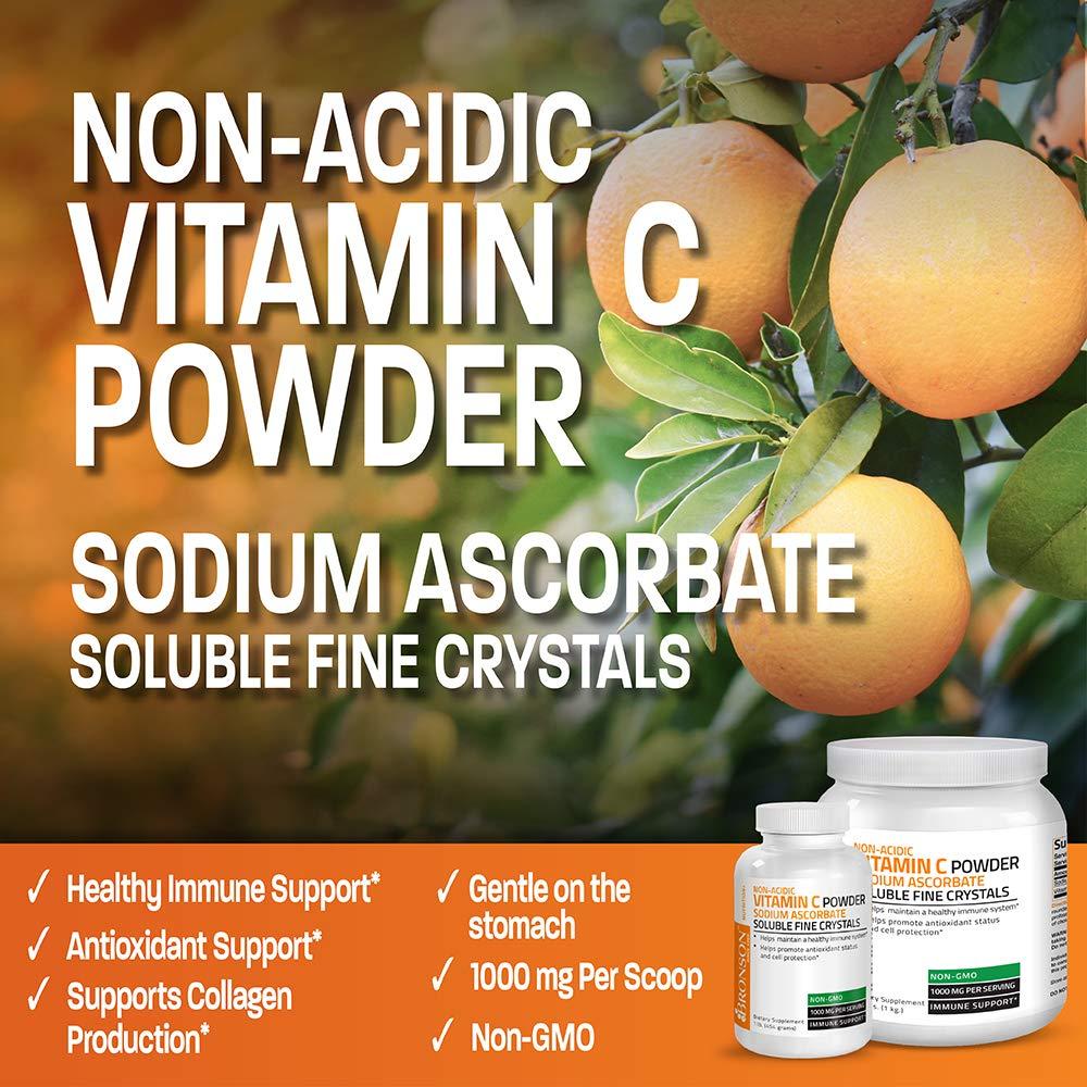 Bronson Non Acidic Vitamin C Powder Sodium Ascorbate Non GMO Soluble Fine Crystals - Healthy Immune System, Antioxidant and Cell Protection - 1 Pound (16 Oz, 454 Grams)