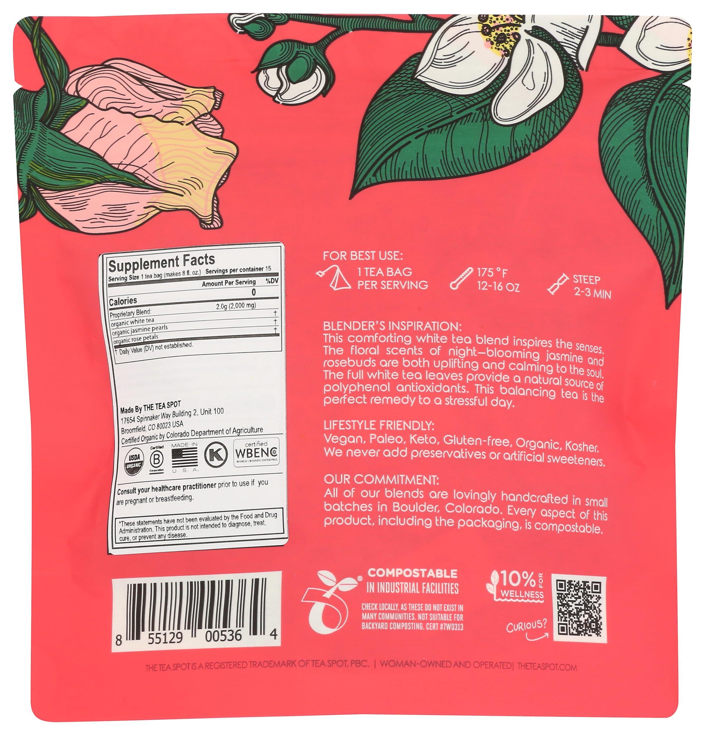 The Tea Spot The Tea Spot Organic Meditative Mind Herbal Tea | Blend of White Tea, Jasmine and Rose | Calming & Welness Caffeine Free Elixir |15 tea bags for Gourmet Giftng