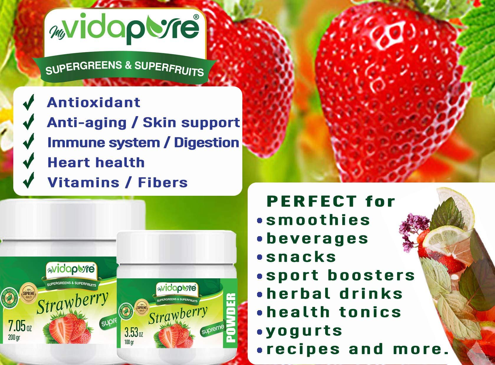 MYVIDAPURE MYVIDAPURE STRAWBERRY POWDER Freeze-Dried 100% Pure RAW Gluten Free, Non-GMO Superfood Powder for Smoothie, Beverage Blend. 3.53 oz  100 gr