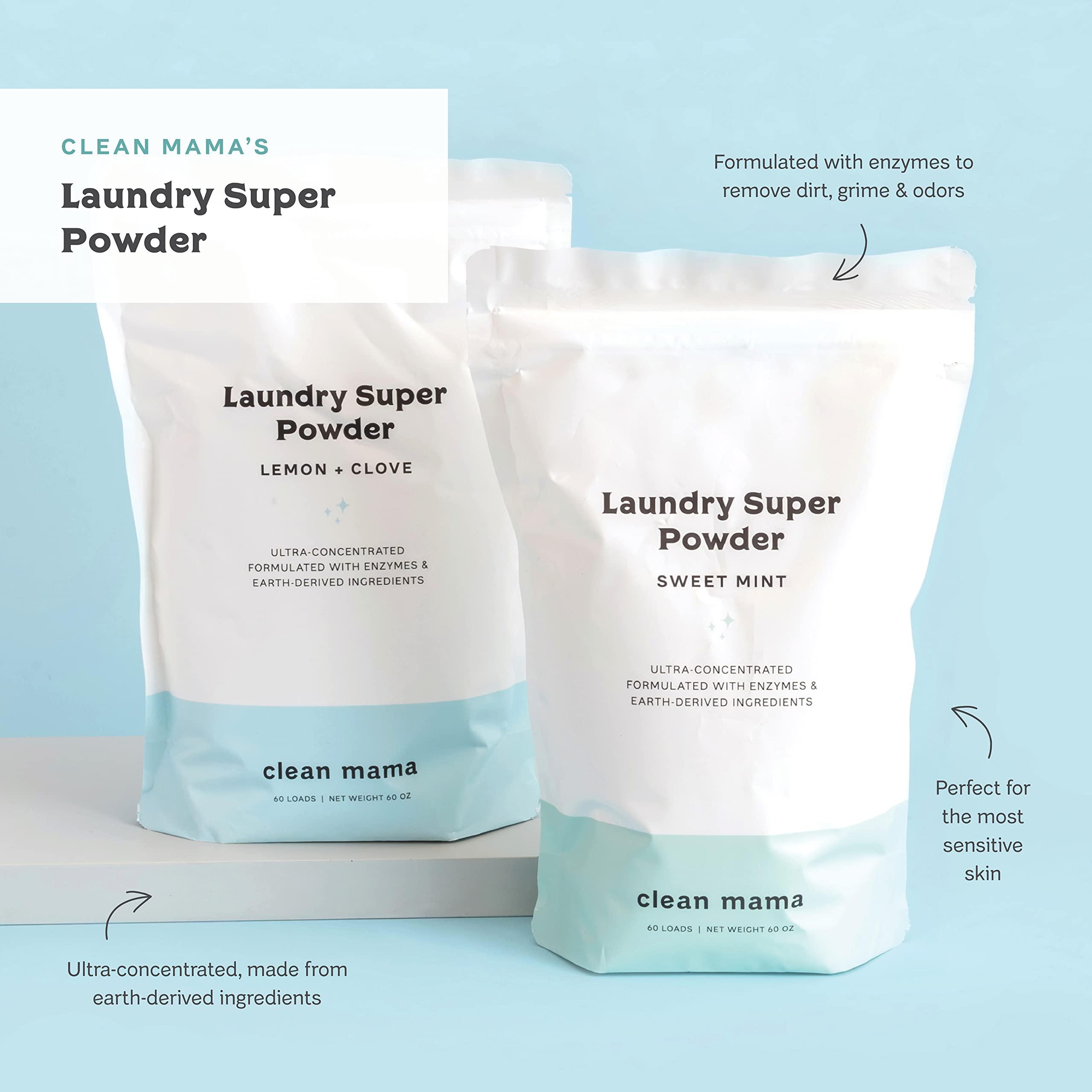 CLEAN MAMA Clean Mama Laundry Super Powder Detergent - Extra Strength Laundry Detergent Powder - Natural Laundry Detergent for Sensitive Skin - Enzyme Powered, Fights Stains & Odors - Sweet Mint, 60 Loads
