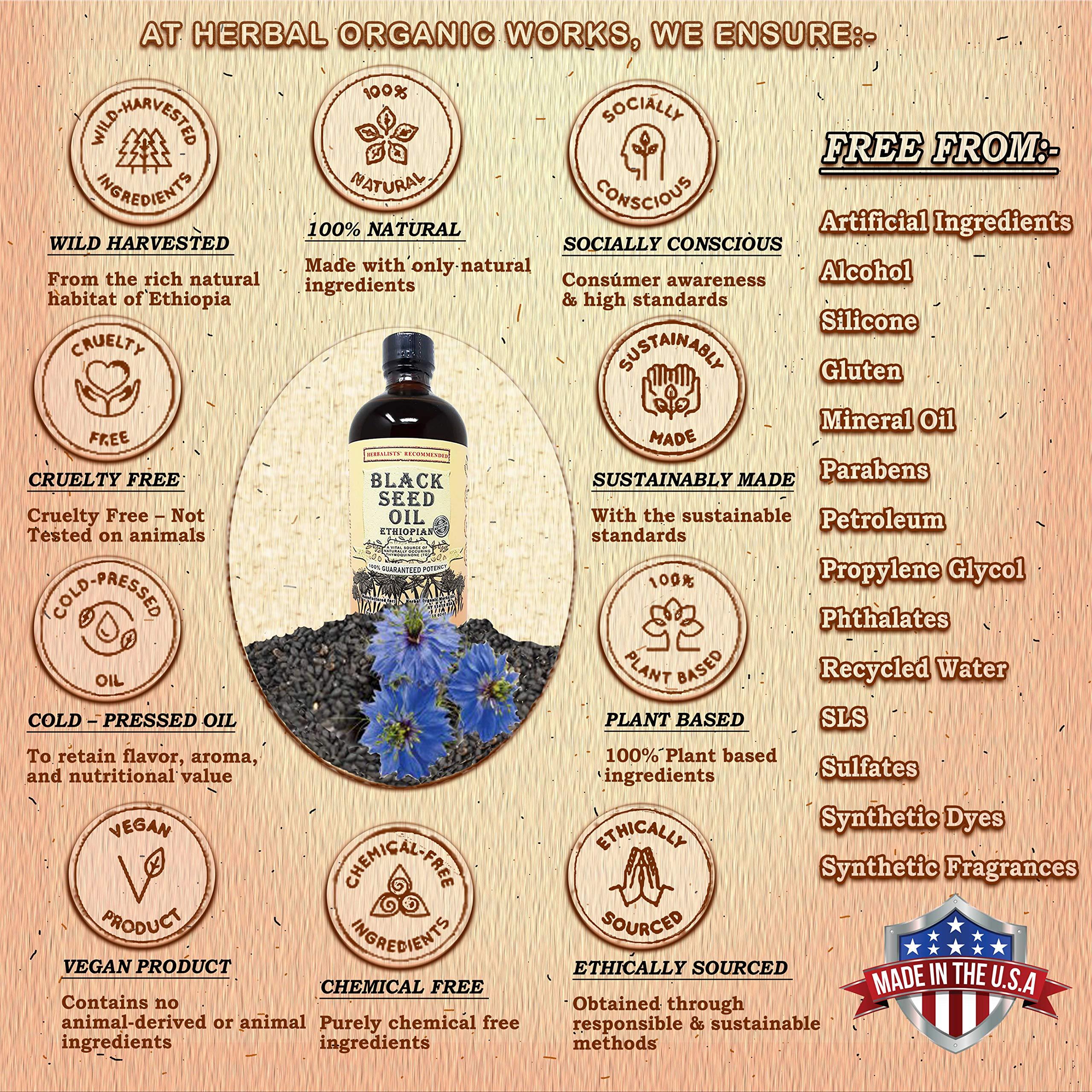 Herbal Organic Works Black Seed Oil 8oz. 100% Ethiopian Pure Black Cumin Seed Oil, 100% Natural Nigella Sativa. 3 Times More Thymoquinone, Cold Pressed in Glass Bottle