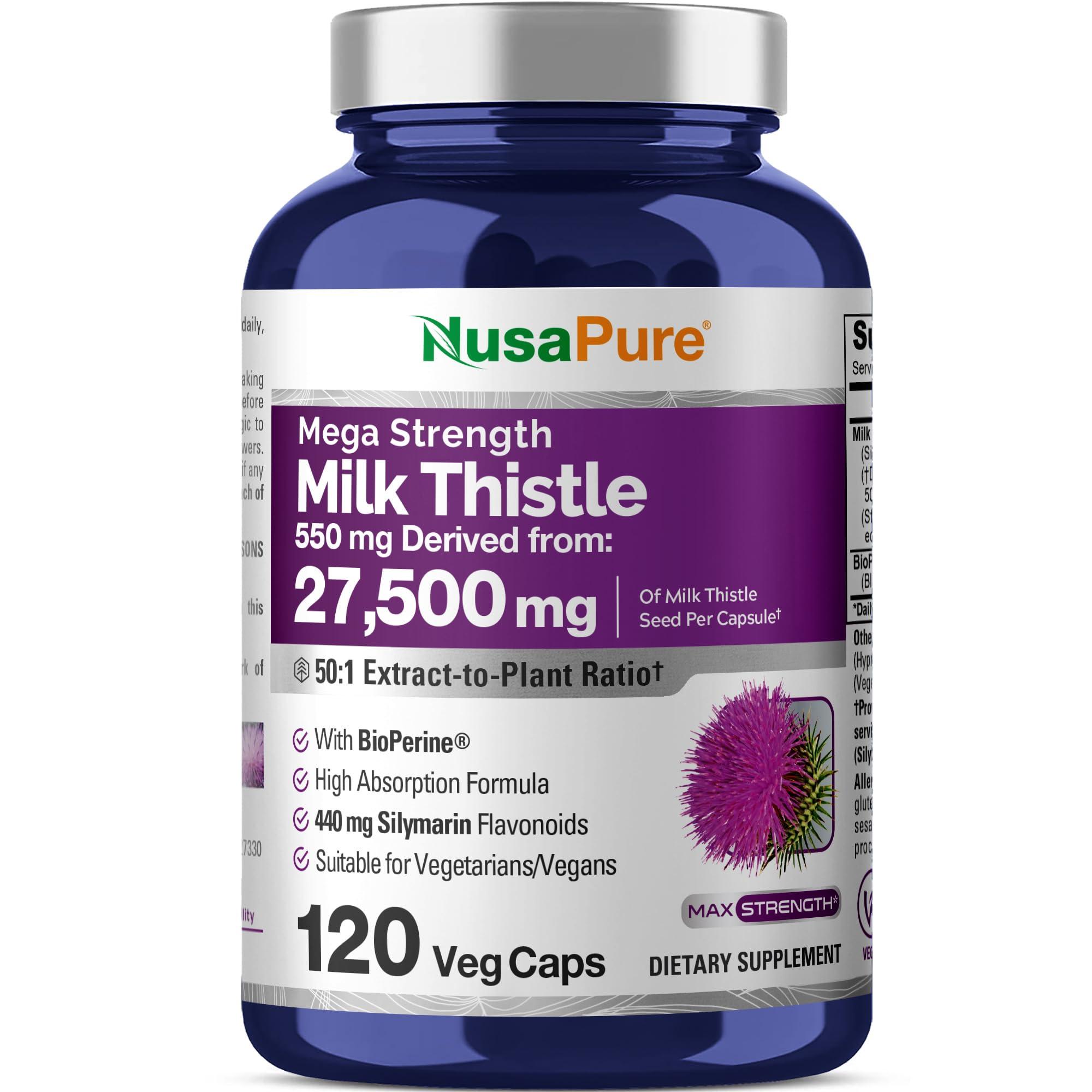 NusaPure NusaPure Milk Thistle Extract 27,500mg 120 Veggie Capsules (50:1 Extract, Non-GMO, Vegan) Max Strength - Standardized 80% Silymarin, Bioperine