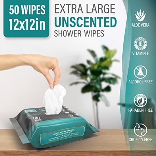 Pure Active 60 Individually Wrapped Shower Body Wipes + 50 Extra Thick Unscented Shower Wipes, Camping Wipes For Bathing, Rinse Free Body Cleansing Wipes