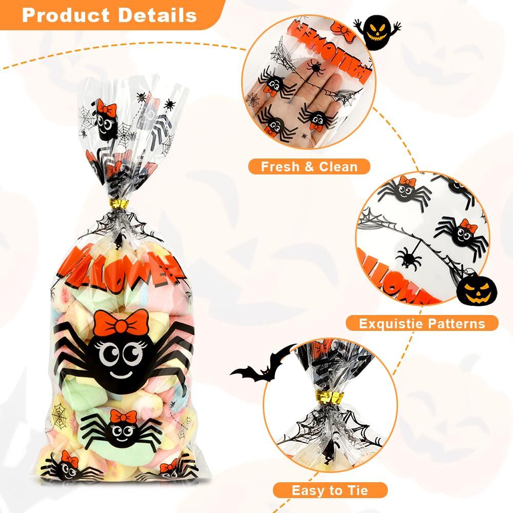 tauywolci Halloween Treat Bags, Halloween Cellophane Treat Bags, 60 PCS Halloween Candy Bags, Halloween Goodie Bags with Twist Ties, 4 Styles Small Halloween Gifts Bags for Trick or Treat Party Favors Supplies