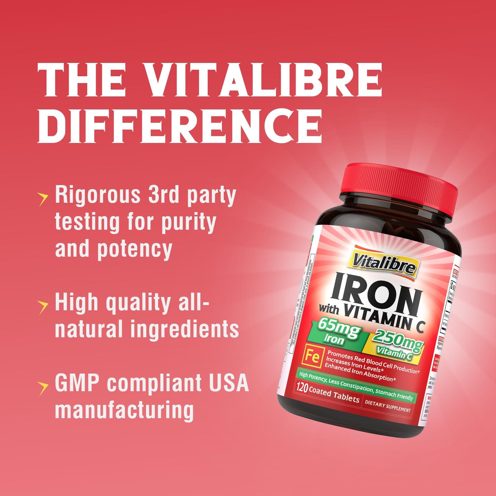 Vitalibre Iron Supplement 65mg with Vitamin C, Stomach Friendly Carbonyl Iron, High Potency & Absorption, for Healthy Iron & Energy Levels, Supports Red Blood Cell Production, 120 Tablets