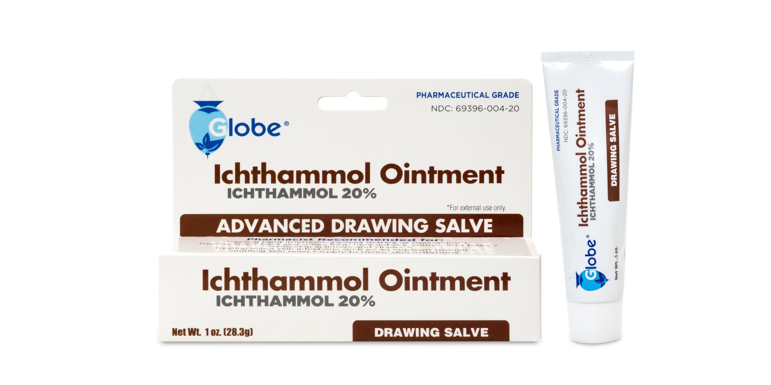 Globe Globe Ichthammol Ointment 20% (Drawing Salve) 1 OZ - Soothing Skin Relief, Treatment of Eczema, Acne, Boils, Splinters, Bee Stings - Maximum Strength