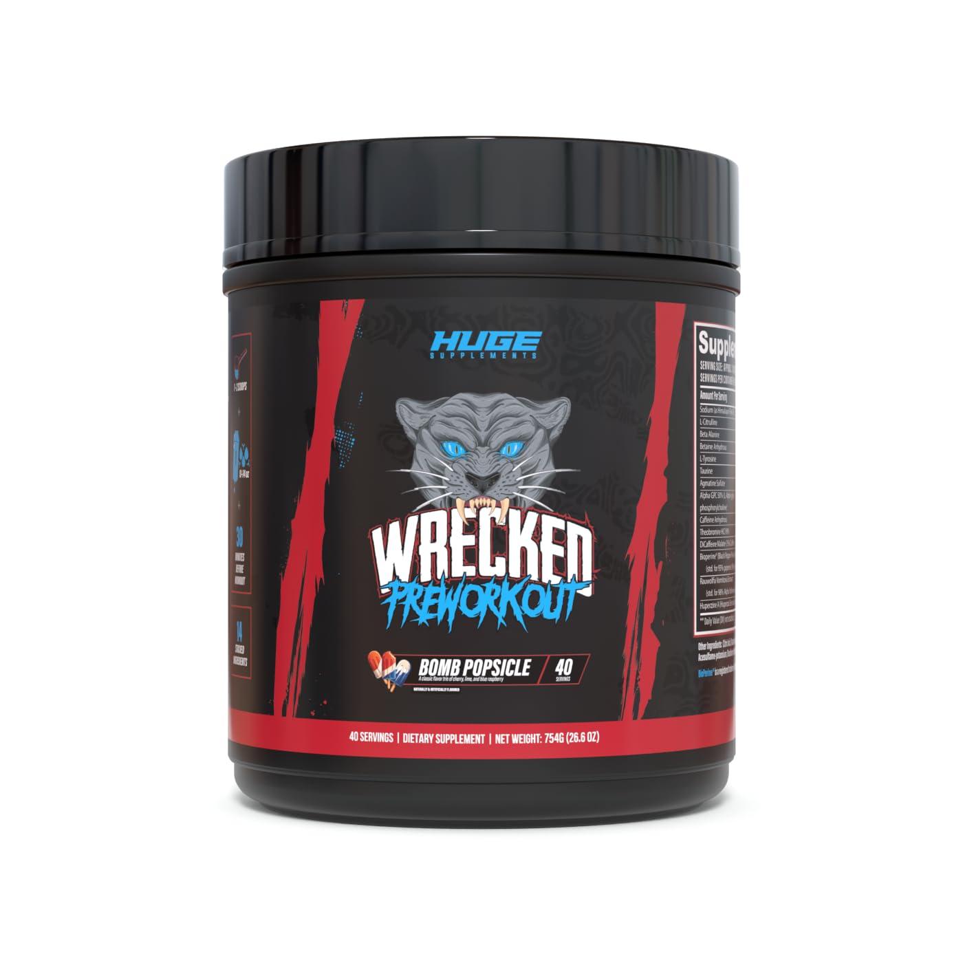 Huge Supplements Wrecked Pre Workout Powder, Advanced Formula, Boosts Energy, Focus, Pumps & Performance, 10g L-Citrulline, 6.4g Beta Alanine, 5g Tyrosine, 1g Alpha GPC, 375mg Fast-Acting Caffeine & More (40 Servings)