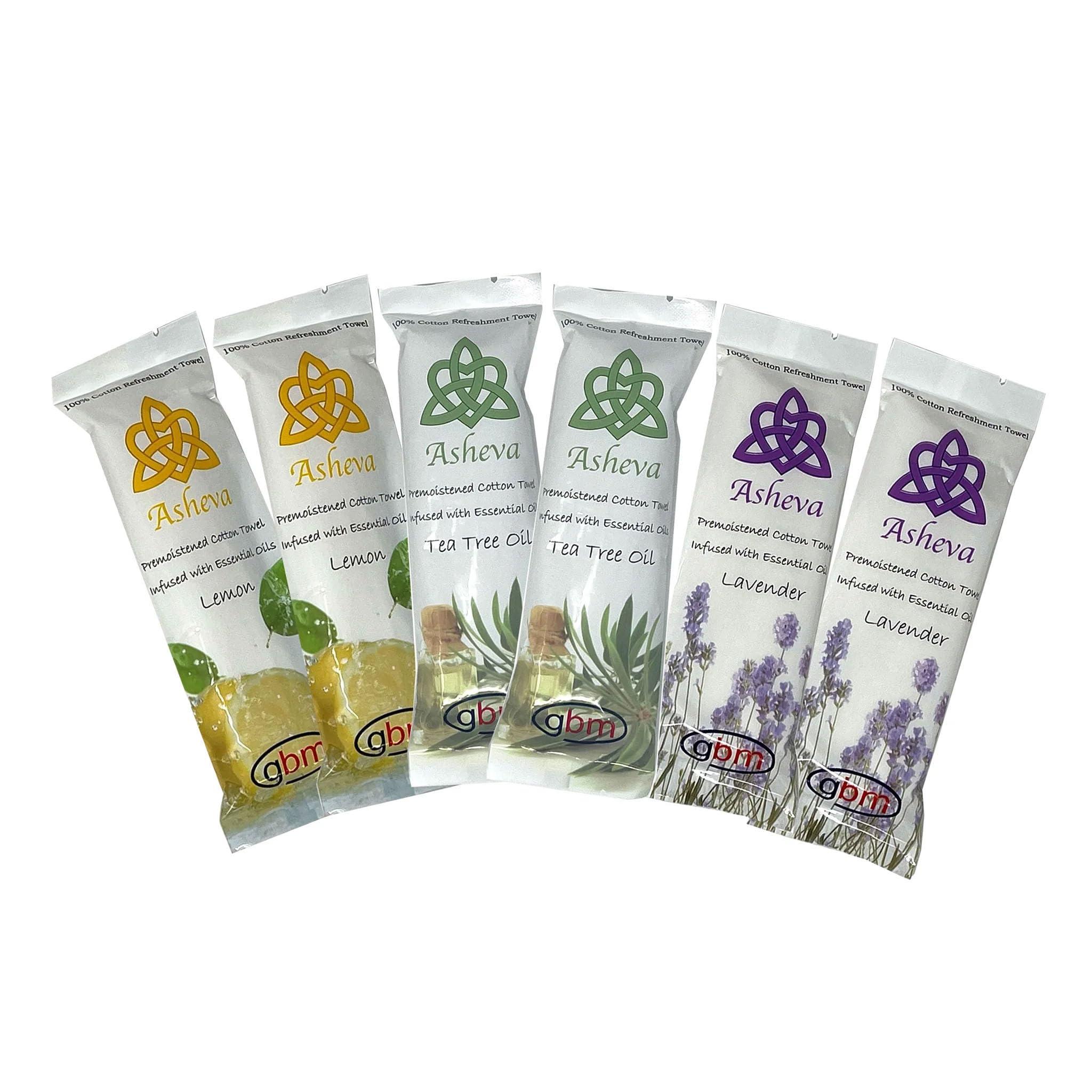 GBM Asheva 8\" x 9\" Individually Wrapped Oshibori Disposable Towels - Luxurious Moist Cotton Hot/Cold Refreshment Towel - Lavender, Lemon, or Tea Tree Scents - Perfect for Spa, Travel, Dining & Events
