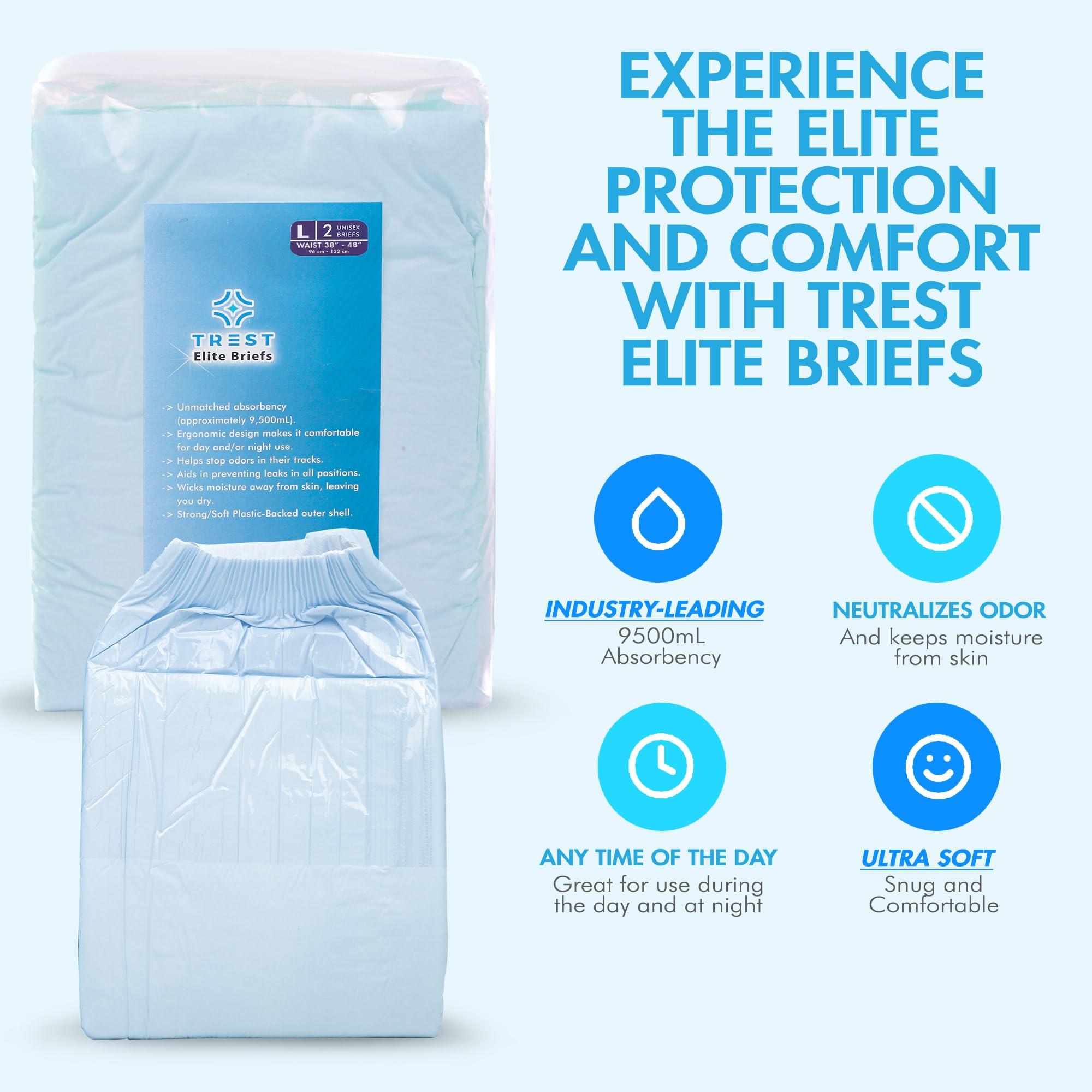 Trest TREST Elite Briefs for Men and Women, Overnight Diapers for Incontinence, Elite Absorbency, Comfortable, Odor Neutralizing and Secure Fit with 2 Wide Tabs - Blue, Large (Pack of 2)