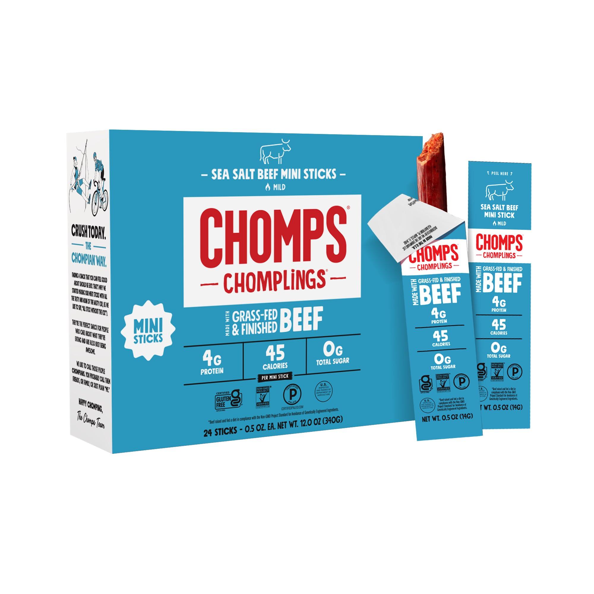 Chomps Chomps Snack Size Grass-Fed and Finished Sea Salt Beef Jerky Snack Sticks 0.5oz 24-Pack - Keto, Paleo, Whole30, 4g Lean Meat Protein, Gluten-Free, Zero Sugar Food, Non-GMO Chomplings