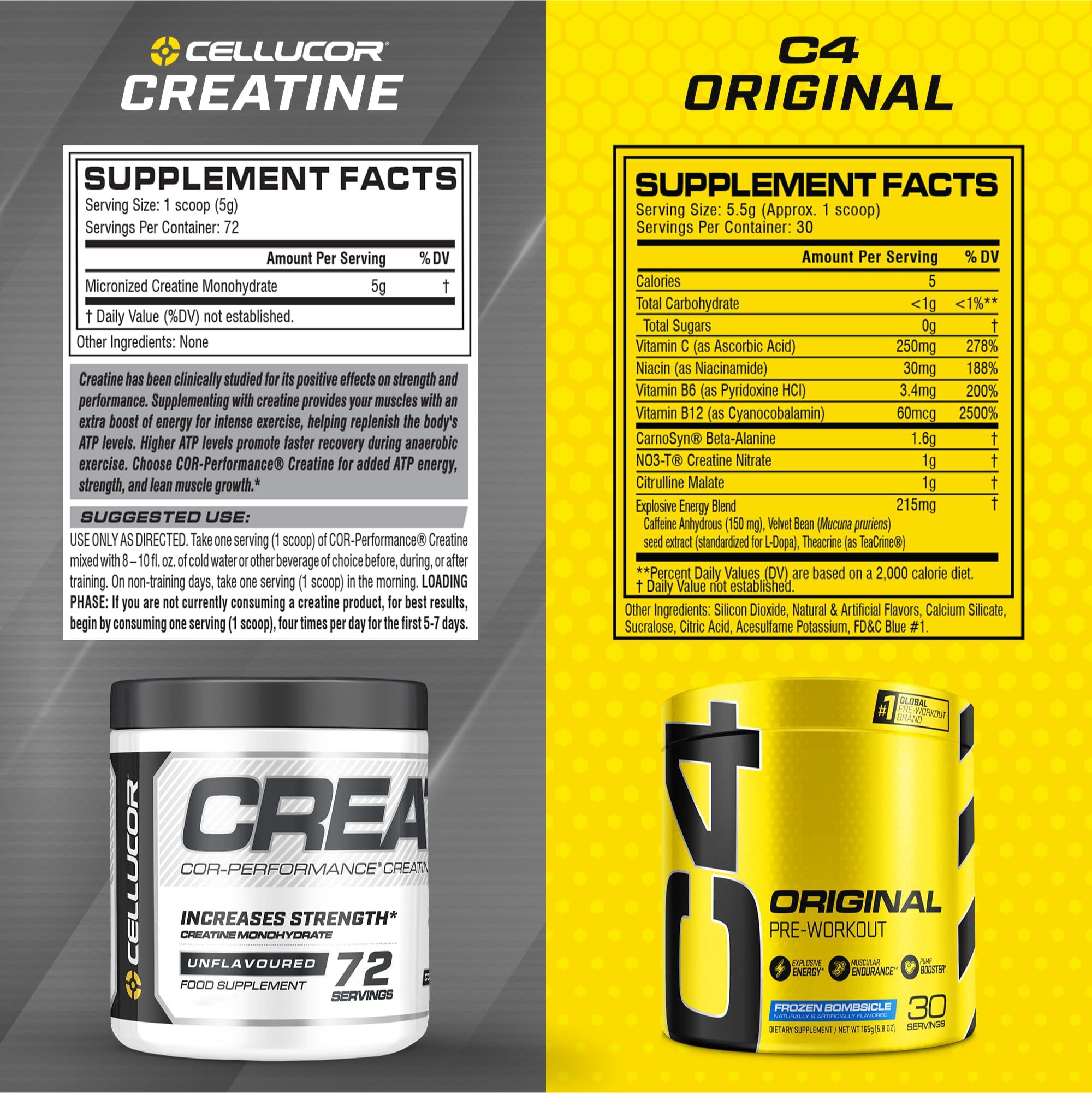 Cellucor Cellucor Pre Workout & Creatine Bundle, C4 Original Pre Workout Powder, Frozen Bombsicle, 30 Servings + Cor Performance Creatine Powder, 72 Servings