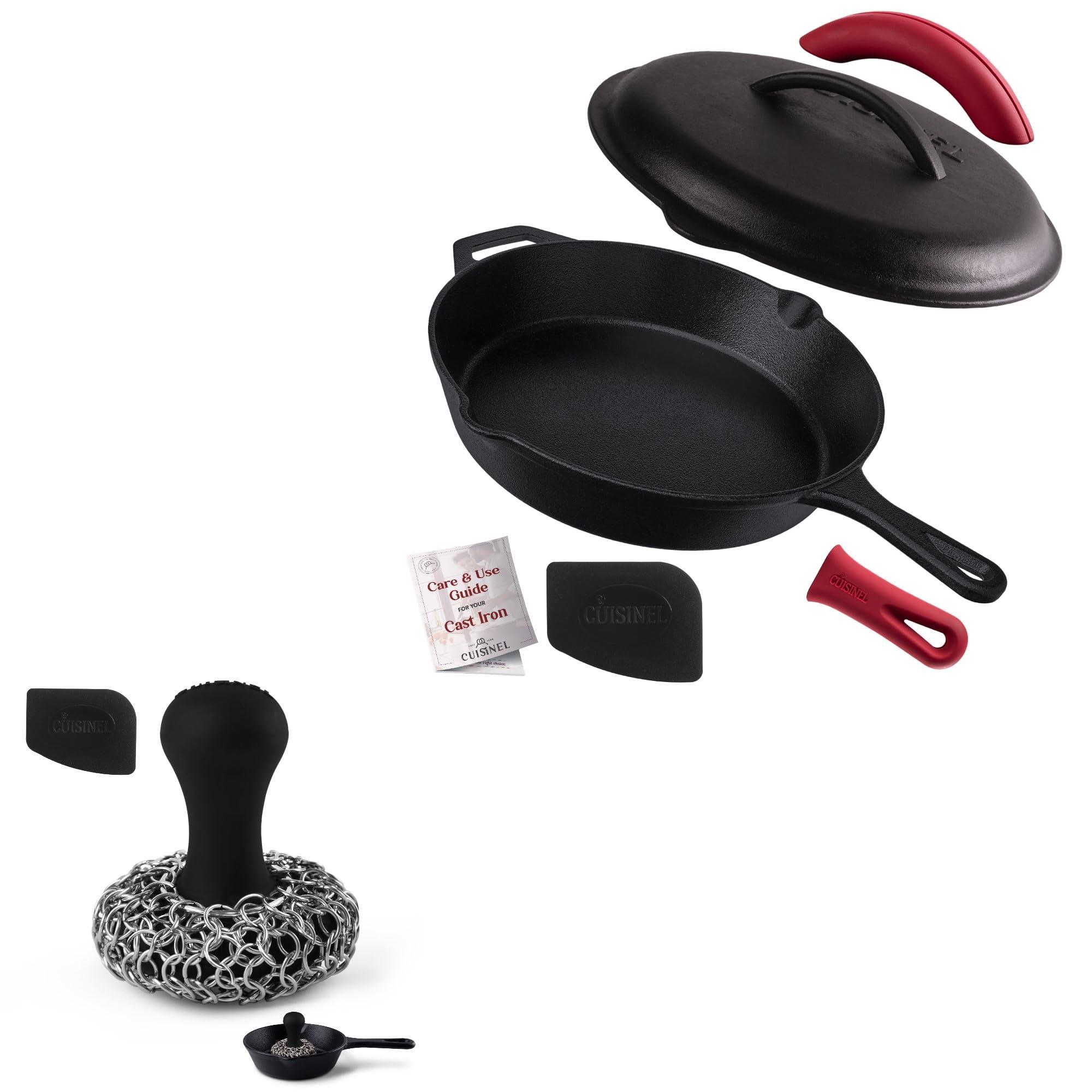 Cuisinel Cuisinel 12\"-inch Cast Iron Skillet with Lid + Ergonomic Chainmail Scrubber + Pan Scraper - Combination Cookware and Accessories