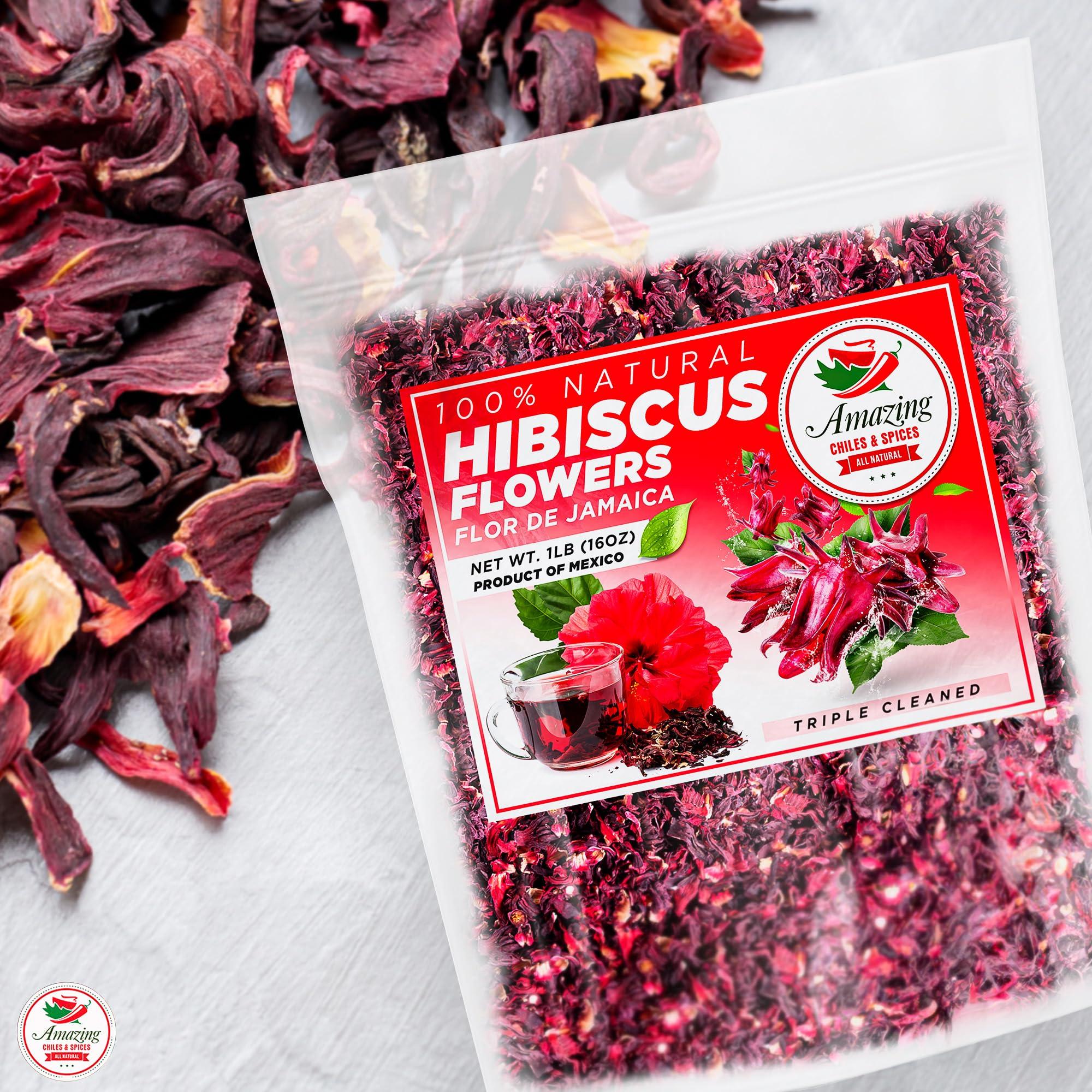 Amazing Chiles & Spices Hibiscus Flowers 2lb (32oz) – All Natural, Triple Cleaned - Whole Soft Flowers and Petals - Flor de Jamaica. Great for Hot or Iced Tea and Agua Fresca. By Amazing Chiles and Spices