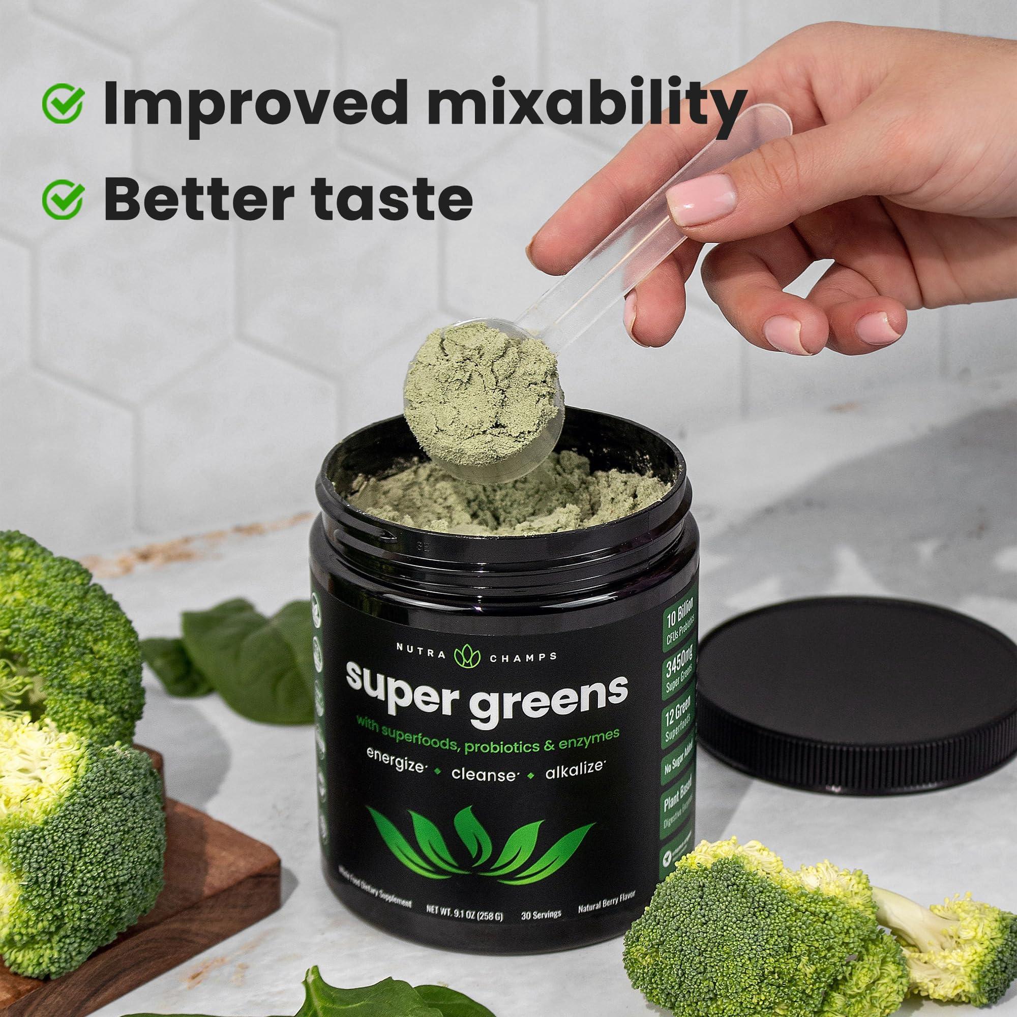 NutraChamps NutraChamps Super Greens Powder Premium Superfood | 20+ Organic Green Veggie Whole Foods | Wheat Grass, Spirulina, Chlorella | Antioxidant, Digestive Enzyme & Probiotic Blends (9.0 Oz, Berry)
