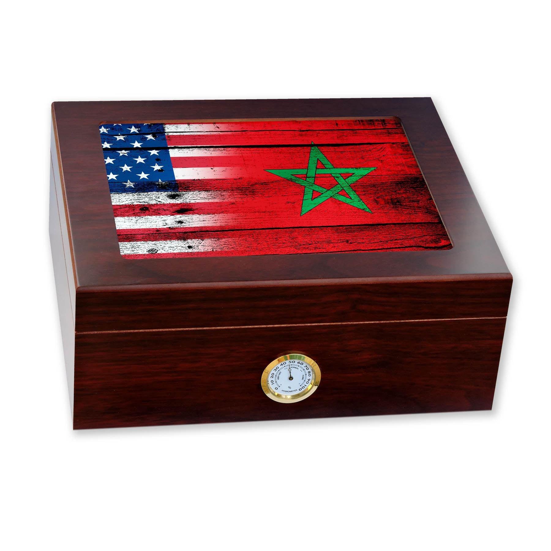 ExpressItBest ExpressItBest Premium Desktop Humidor - Glass Top - Flag of Morocco (Moroccan) - Wood with USA Flag - Cedar lined with humidifier & front mounted hygrometer.