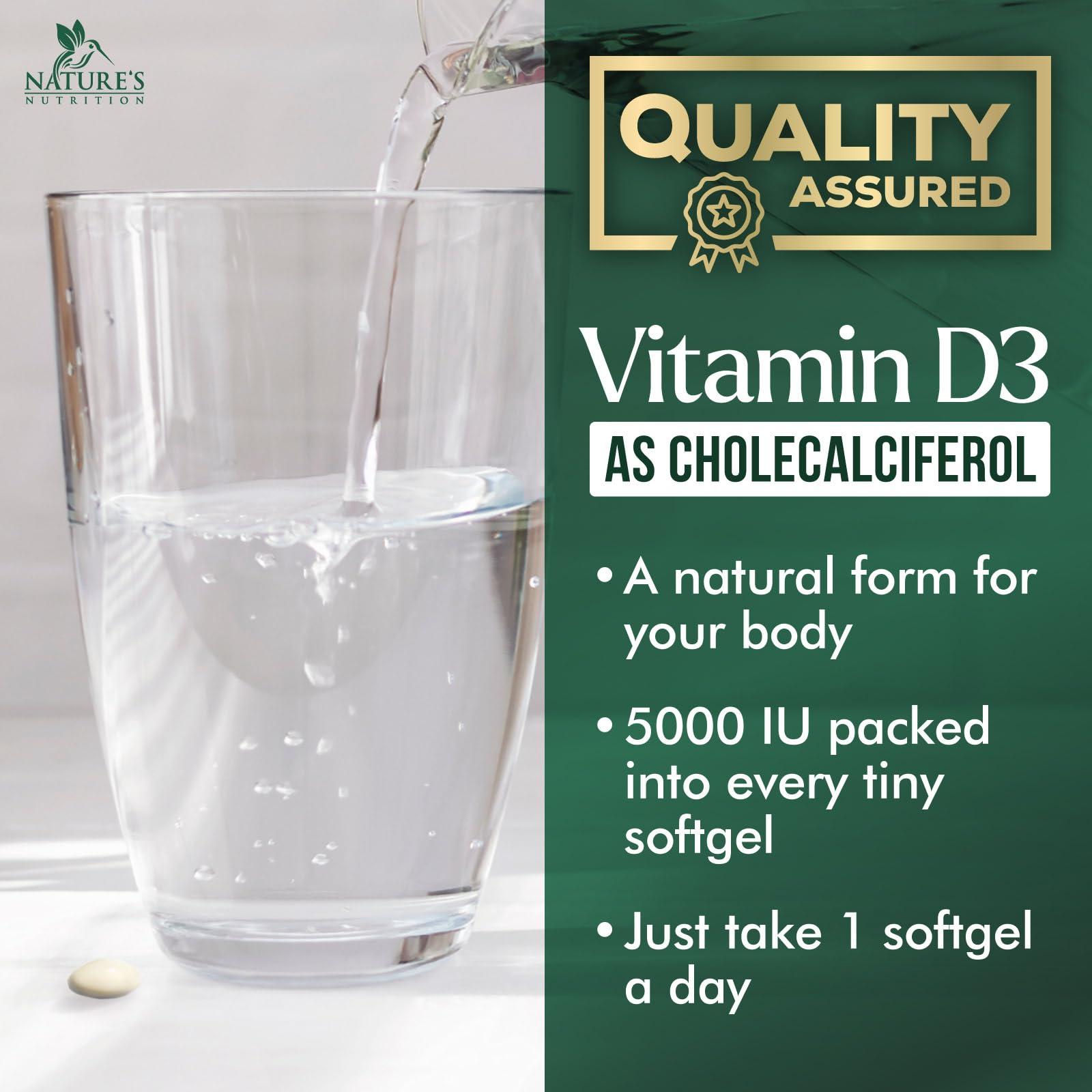 Nature's Nutrition Vitamin D3 Supplement 5000iu (125 mcg) - High Potency Vitamin D Dietary Supplement for Bone, Teeth, Muscle and Immune Health Support - Rapid Absorption D3 Softgel, Non-GMO, Gluten Free - 60 Softgels