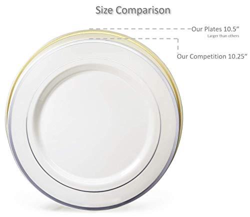 OCCASIONS FINEST PLASTIC TABLEWARE " OCCASIONS " 150pcs set (25 Guests)-Wedding Plastic Plates & cutlery -Disposable heavyweight Dinnerware 10.5'', 7.5'' + Silverware w/double fork (Lace Ivory & Gold)