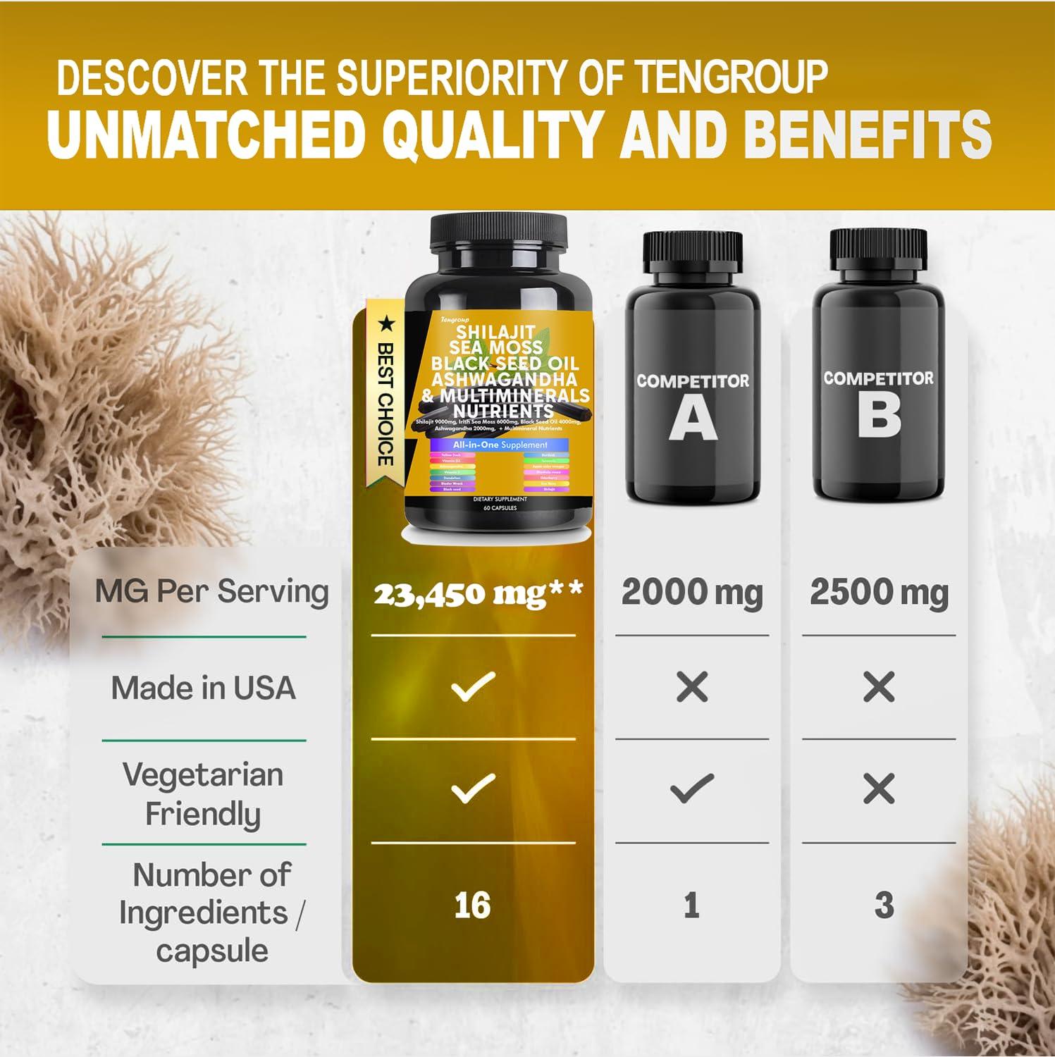 Tengroup Shilajit 9000mg Sea Moss 6000mg Black Seed Oil 4000mg Ashwagandha 2000mg Burdock 1000mg & Vitamin C & D3 with Elderberry rhodiola rosea Dandelion Yellow Dock Turmeric ACV