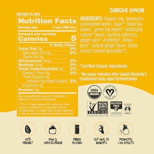 REMEDY Kombucha Liquid Remedy Kombucha Sugar Free Organic Drink, Low Calorie, Probiotic Like Tea for Gut Health - Ginger Lemon - 8.5 Fl Oz Can, 12-Pack