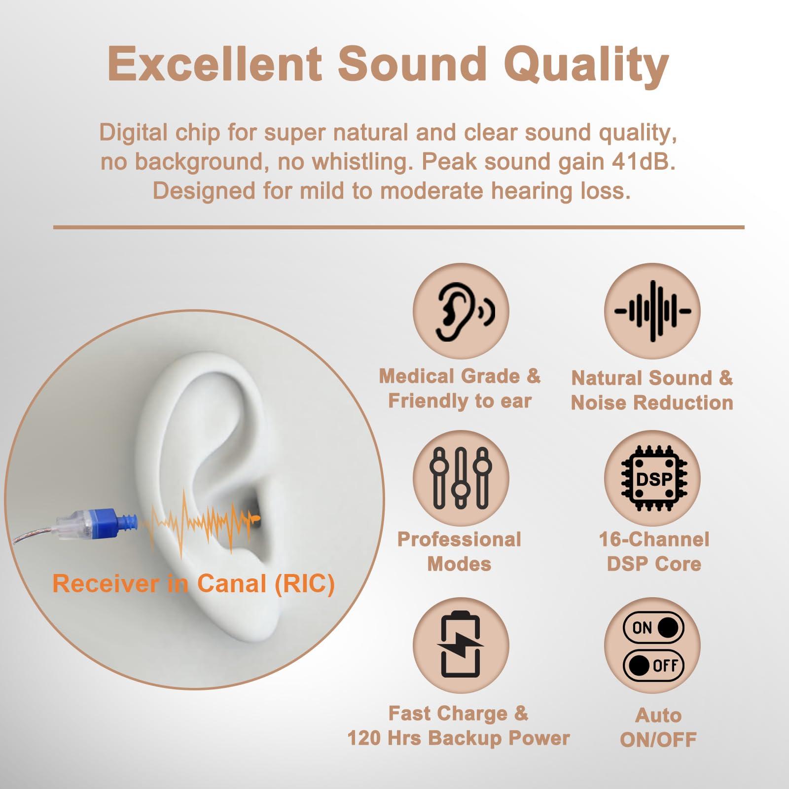 Banglijian Banglijian Hearing Aids Rechargeable RIC Hearing Aids for Seniors Adults, 12 Channels Hearing Aid with Magnetic Contact Charging Box Digital Noise Cancelling and Feedback Cancellation (Left Side, Beige)