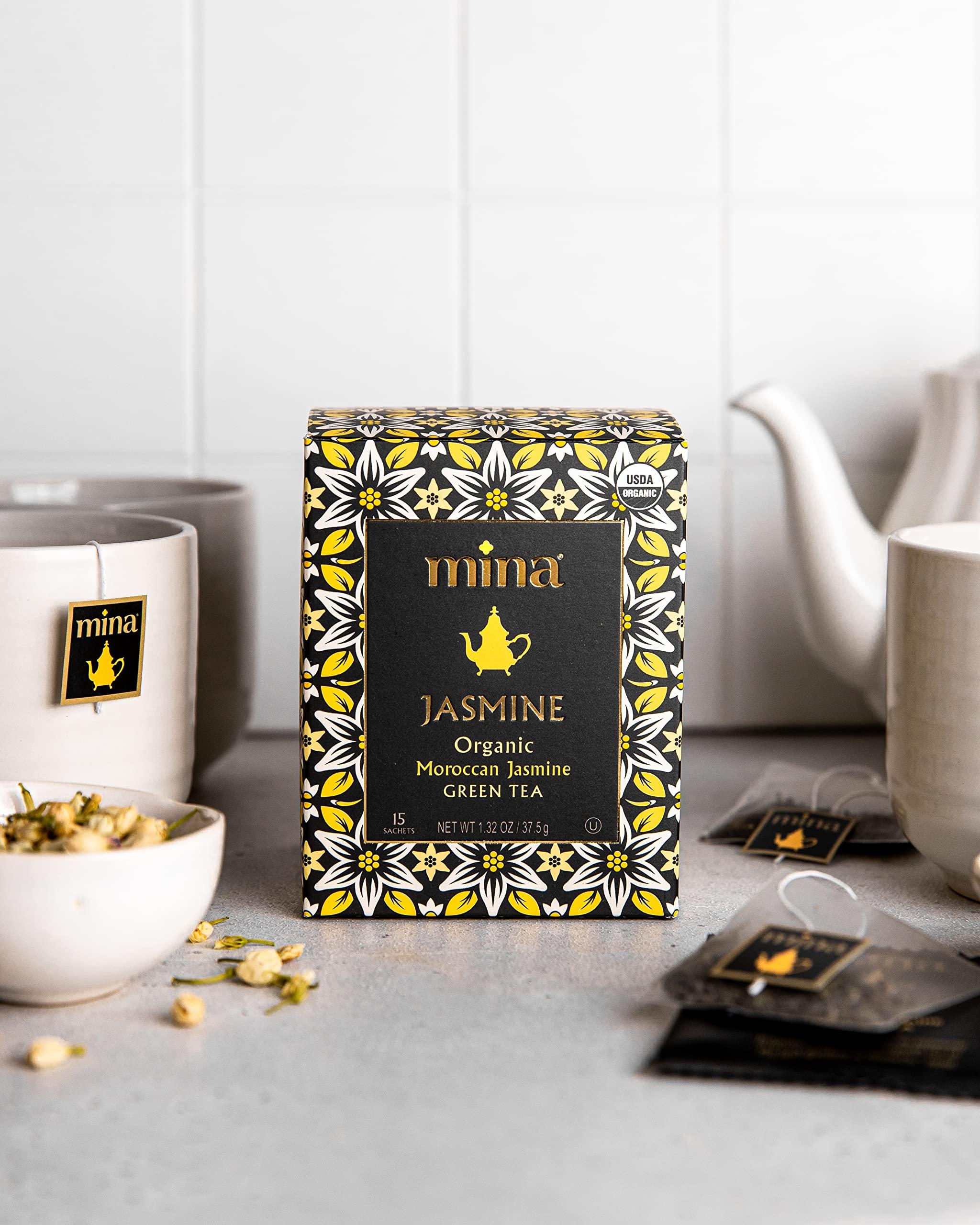 Mina Mina Organic Moroccan Jasmine Green Tea, 15 Biodegradable Sachets, Jasmine Scented Green Tea Bags with Enchanting Floral Essence, Refreshing Aroma, Enjoy Hot or Iced