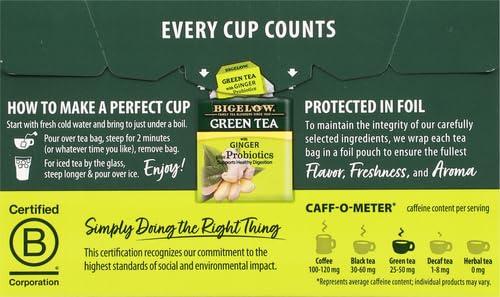 Bigelow Tea Bigelow Tea Green Tea with Ginger Plus Probiotics, Caffeinated, 18 Count, (Pack of 1), 108 Total Tea Bags