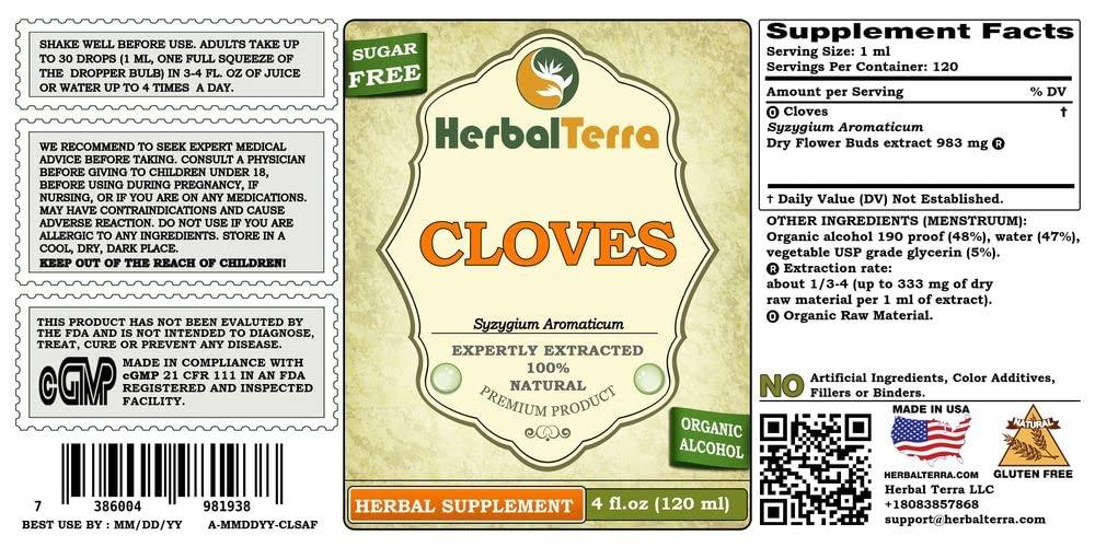 Herbal Terra LLC Cloves (Syzygium Aromaticum) Tincture, Organic Dried Flowers Buds Liquid Extract (Brand Name: HerbalTerra, Proudly Made in USA) 4x4 fl.oz (4x120 ml)