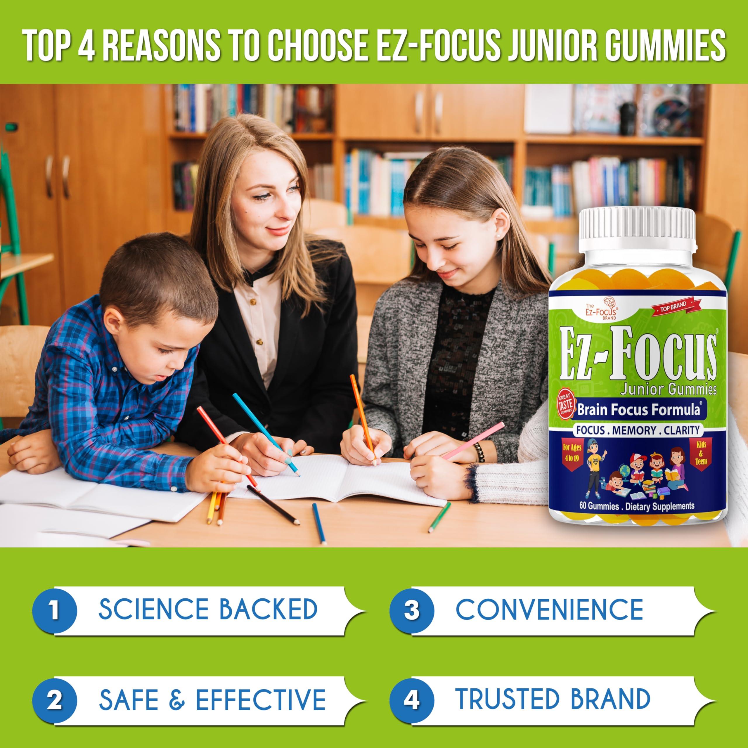 Ez-Focus Ez-Focus Junior Brain Vitamins & Memory Supplements for Kids & Teens, Focus Supplements, Support Memory, Attention, Focus & Clarity, Tasty 60 Chewable Gummies