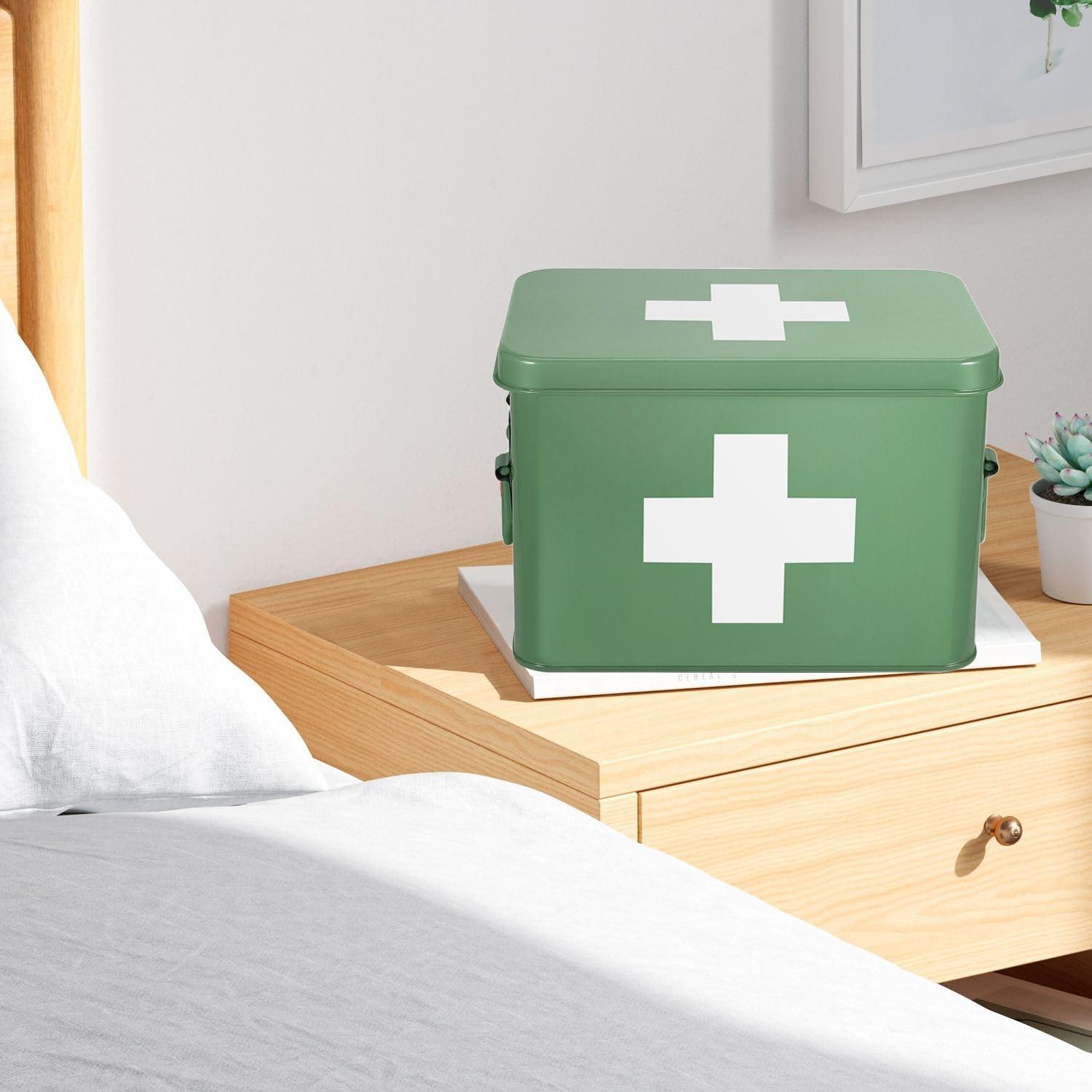 Flexzion Flexzion First Aid Box Organizer, Empty 8.5 Inch Green Vintage First Aid Kit Tin Metal Medical Box First Aid Storage Box Container Bins with Dividers, Removable Tray and Cross Logo