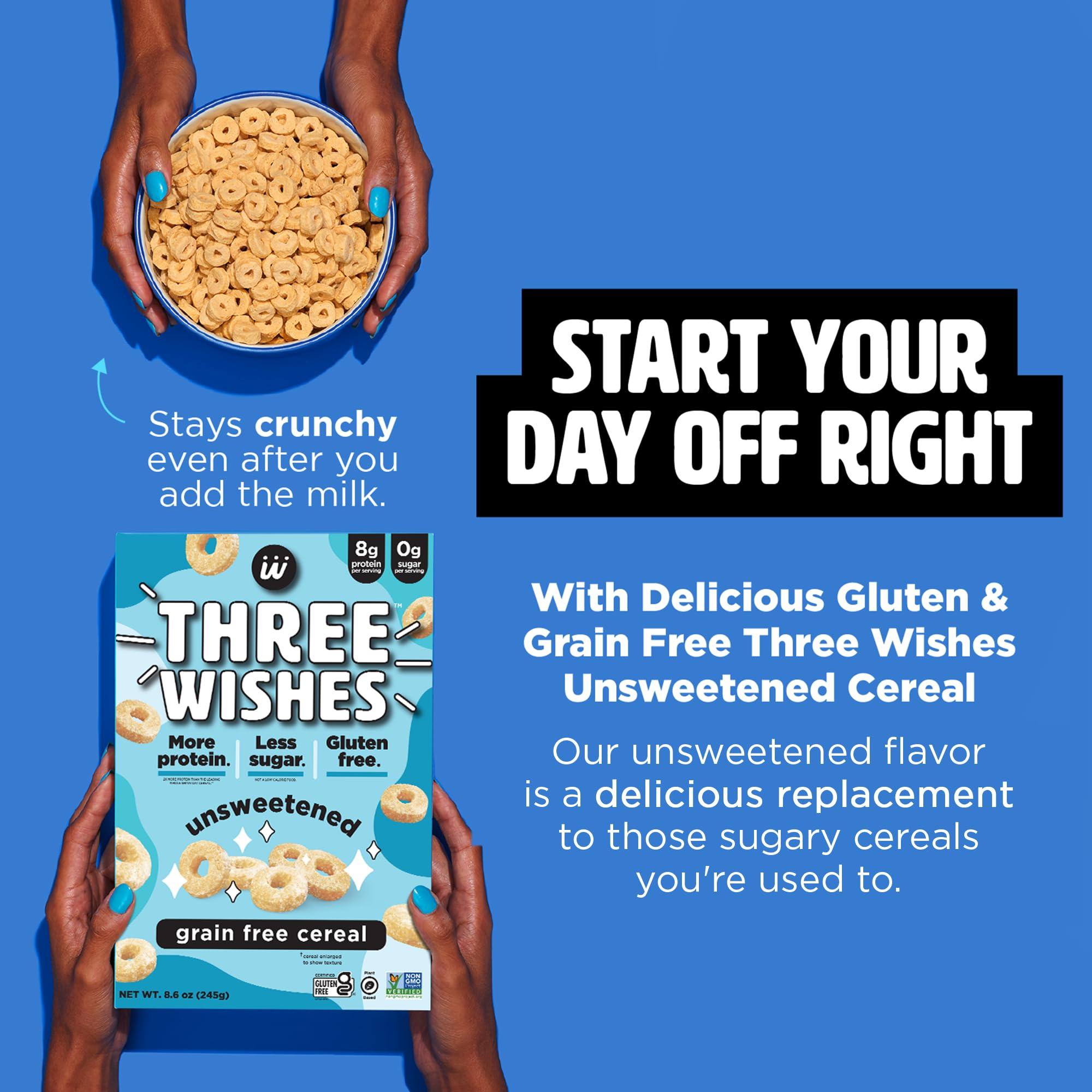 Three Wishes Plant-Based and Vegan Breakfast Cereal by Three Wishes - Unsweetened, 1 Pack - More Protein and Less Sugar Snack - Gluten-Free, Grain-Free - Non-GMO