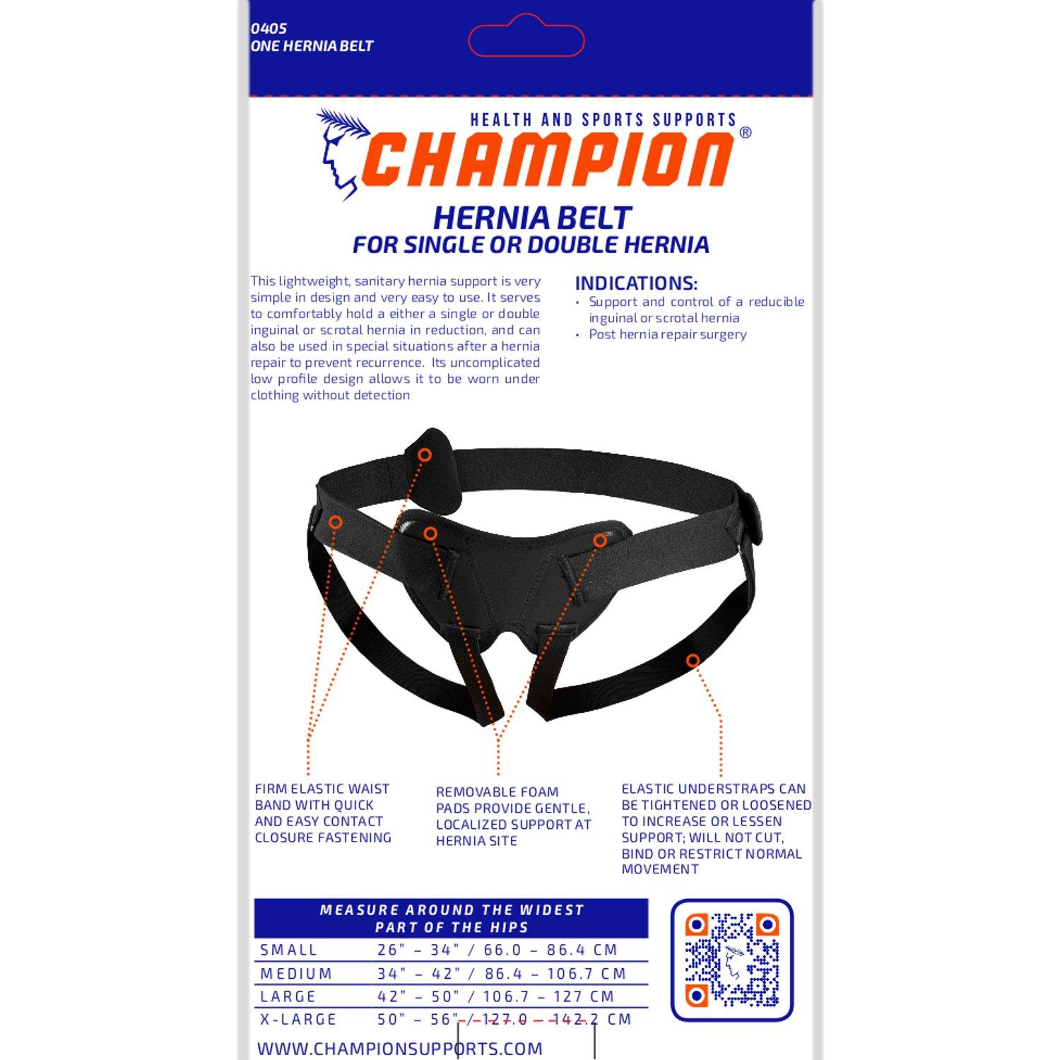 Champion Champion Hernia Belt, Single or Double Herniation Pad, Adjustable Compression Support, Black, Medium