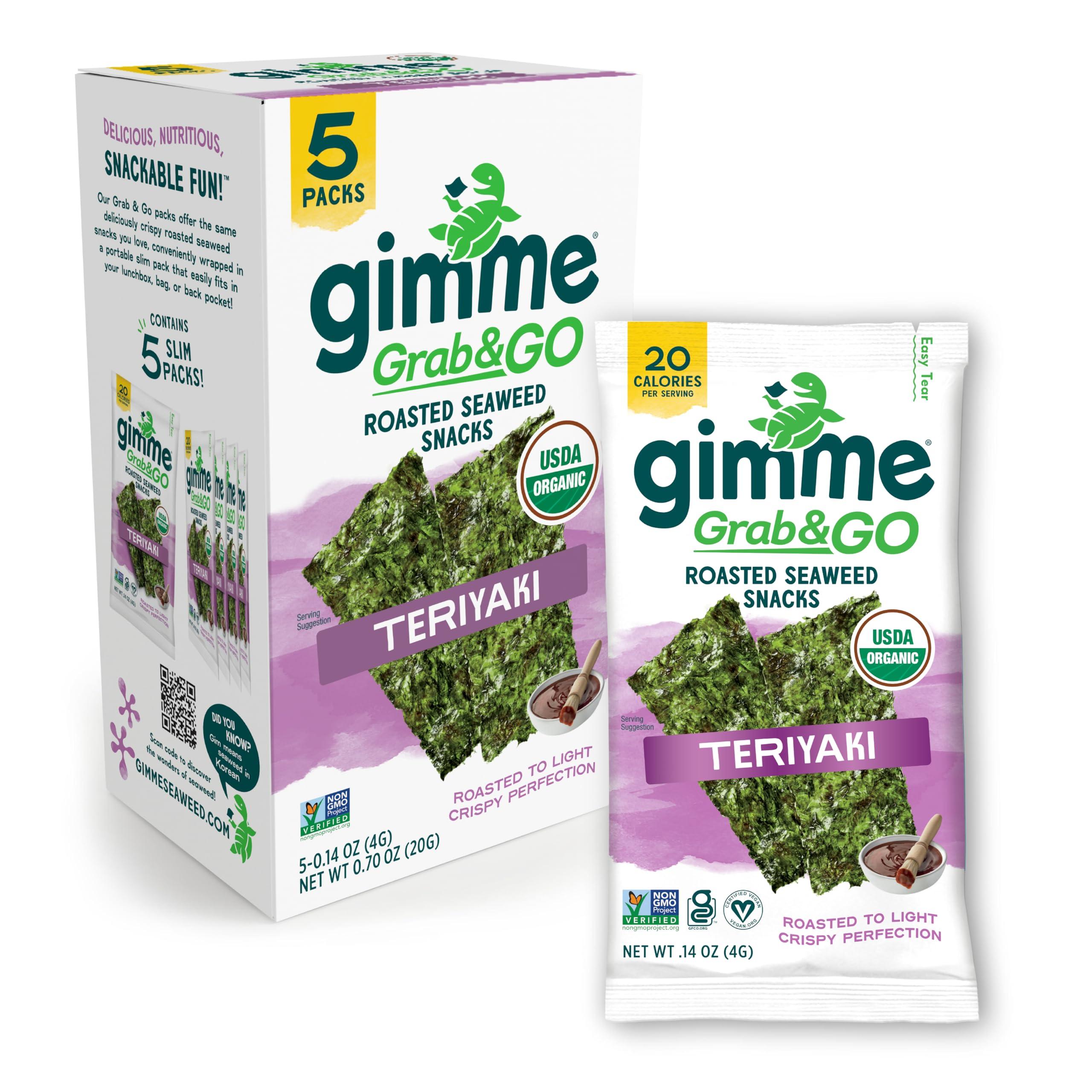 gimMe Gimme Seaweed Grab & Go Organic Premium Roasted Seaweed Snacks, Teriyaki, 5 Count Trayless, Keto, Vegan, Gluten-Free, Source of Omega3s and Iodine, Healthy On-The-Go Snack for Kids and Adults