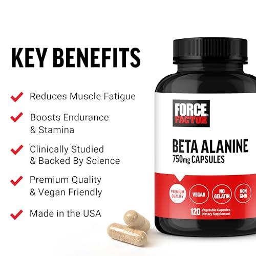 Force Factor FORCE FACTOR Beta Alanine Capsules, Beta-Alanine Endurance Supplement to Boost Performance & Reduce Fatigue, Clinical Dose, Premium Quality, Vegan, Non-GMO, 120 Capsules