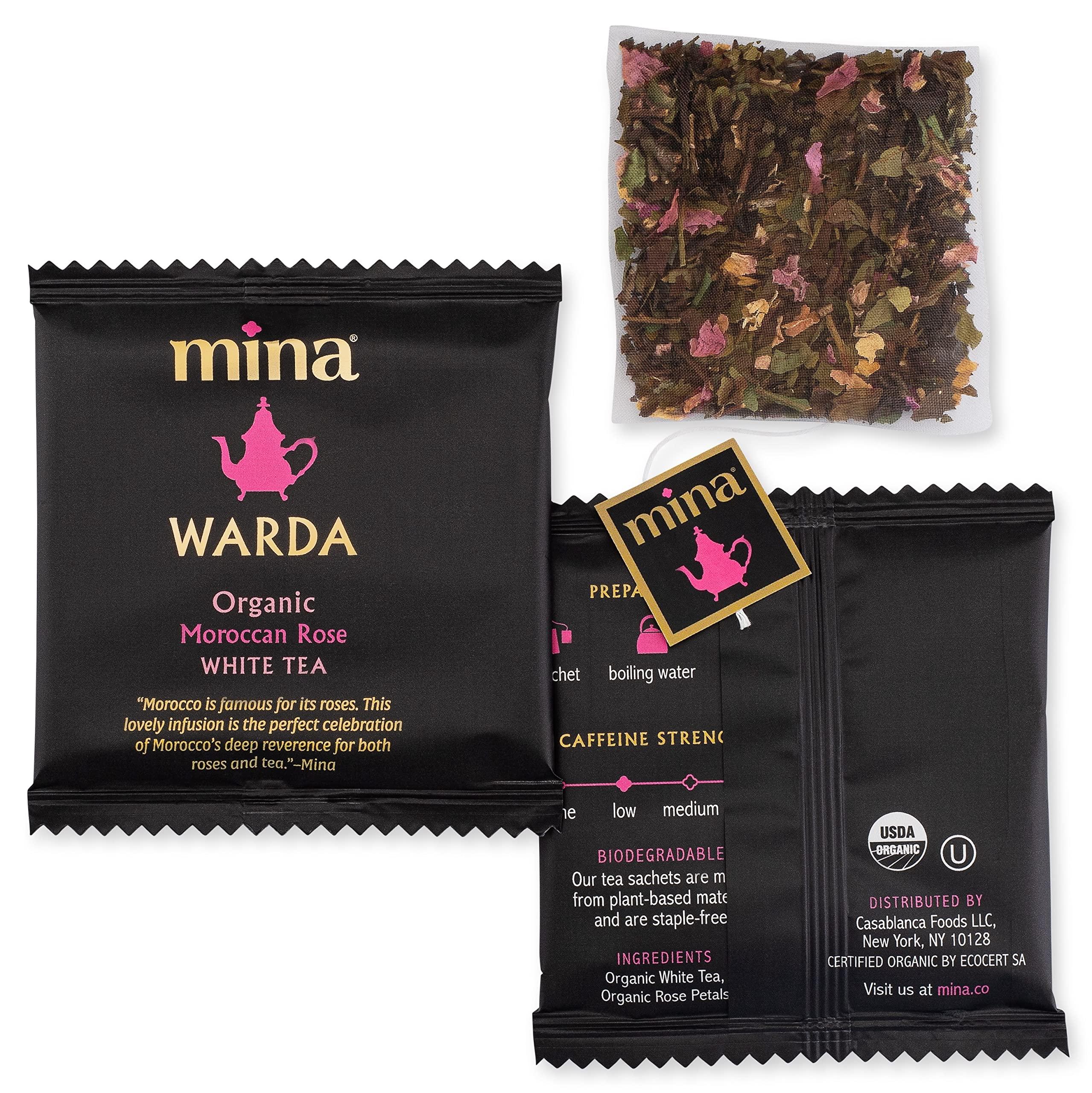 Mina Mina Warda Organic Moroccan Rose White Tea, 15 Biodegradable Sachets - Rose Tea Bags, White Tea with Moroccan Rose Petals, Organic White Tea Bags, Low Caffeine Tea