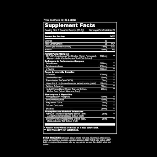 Animal Animal Primal Muscle Hydration + Preworkout Powder Contains Beta Alanine, 3DPump, Caffeine & Electrolytes Improves Energy, Focus, Endurance & Absorption Fruit Punch Flavor, 17.9 oz