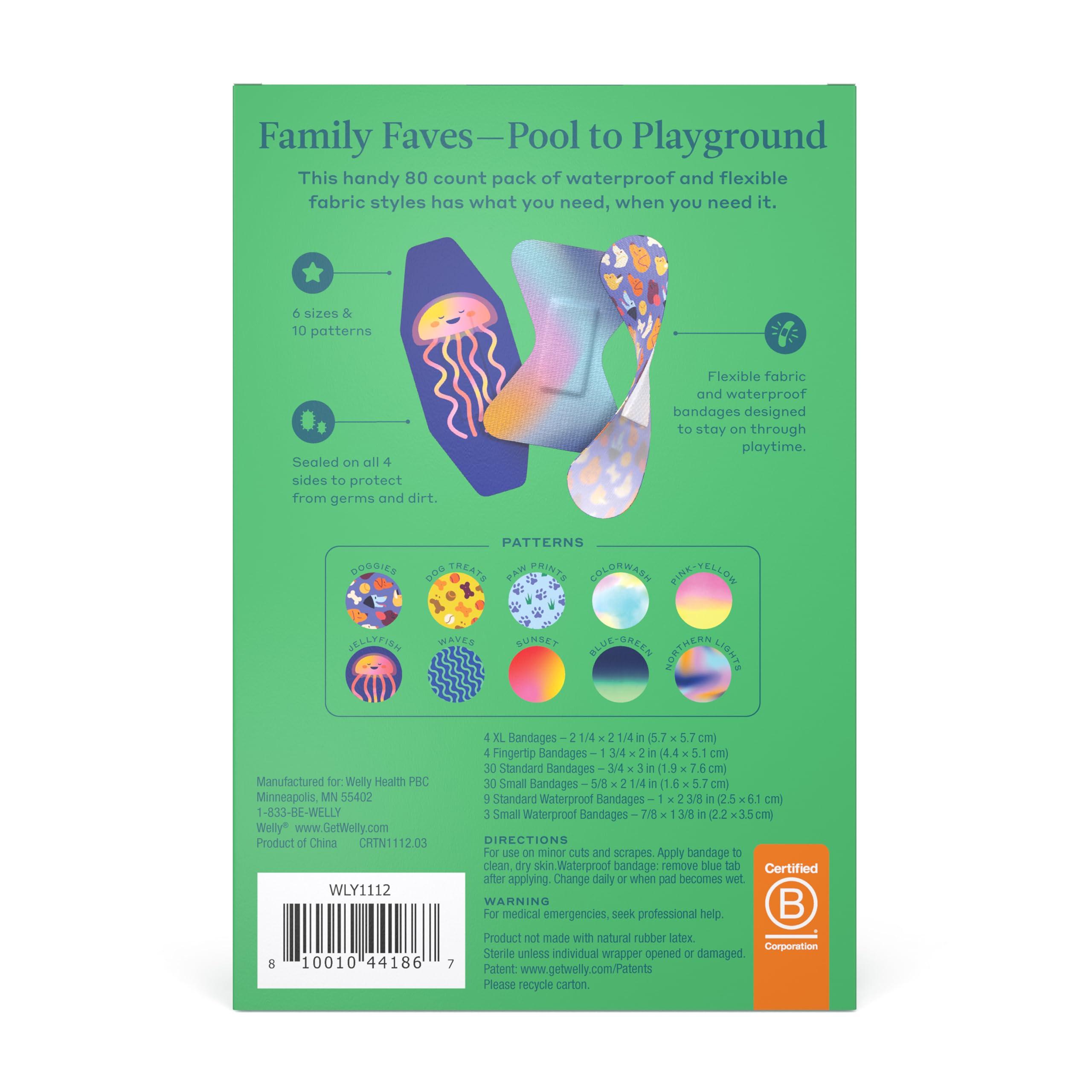 Welly Welly Bandage Family Pack | Adhesive Flexible Fabric & Waterproof Bandages | Assorted Shapes and Patterns for Minor Cuts, Scrapes, and Wounds - 80 Count