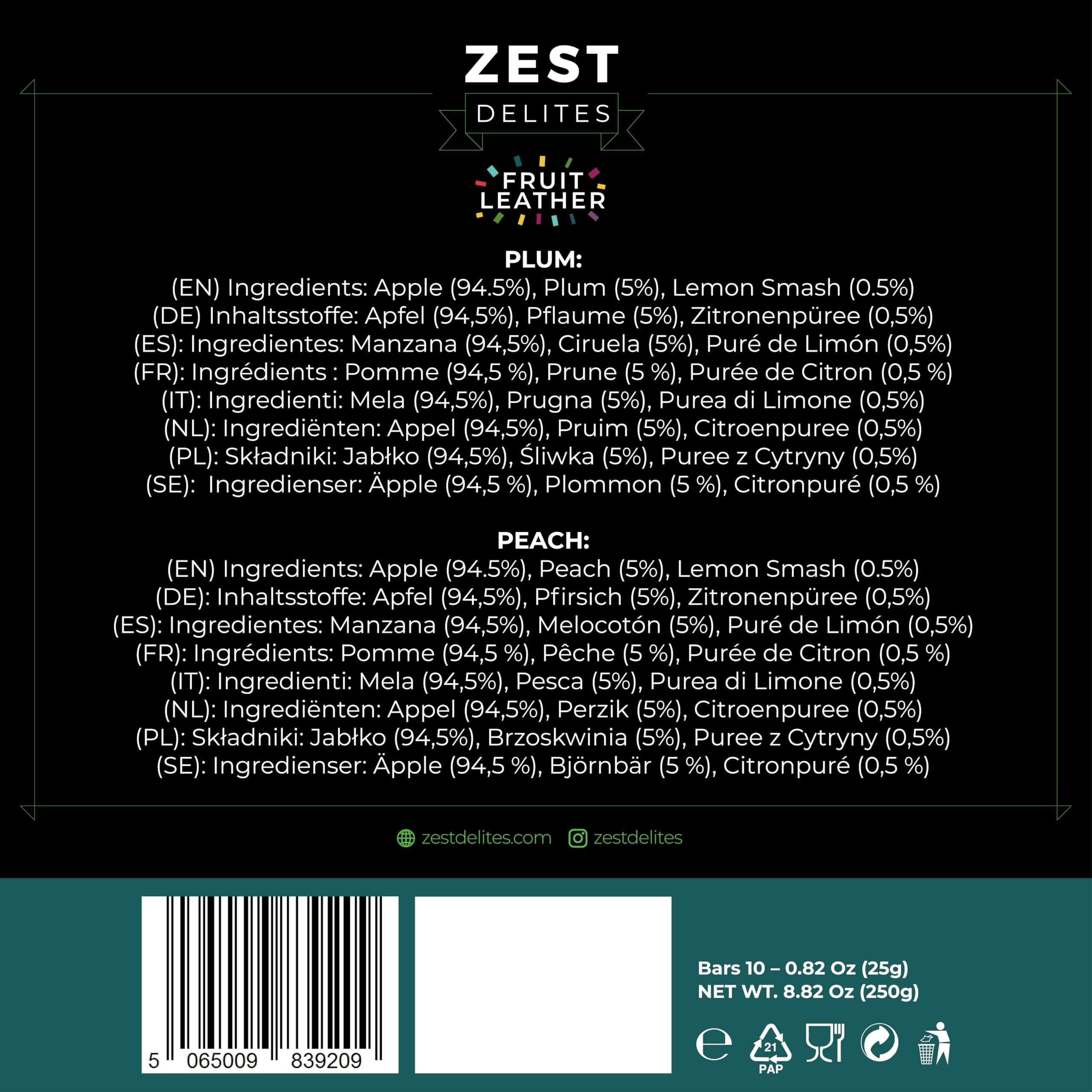 ZEST Delites Fruit Snacks by Zest Delites, Fruit Leather, Healthy Snacks for Adults, Dried Fruit Bars, Gluten Free Fruit Strips, Vegan Healthy Snacks, Fruit Strips, Apple-Based, Peach, Plum, 0.88 oz x 10