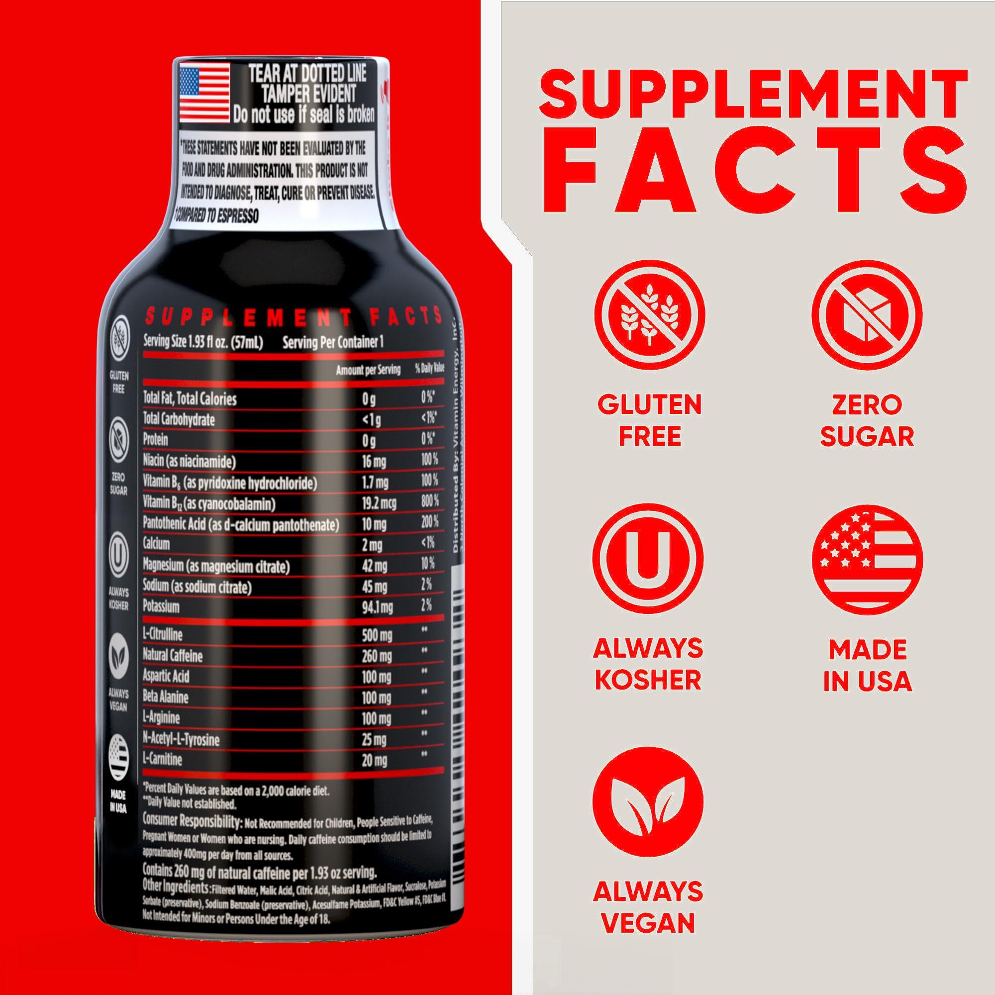 Vitamin Energy Vitamin Energy Pre Workout Drink - Keto Friendly Sugar Free Shots | Natural Clean Green Tea Caffeine with Proprietary Endurance Blend | Energize up to 7+ Hours - Berry - 1.93 Fl Oz- Pack of 48