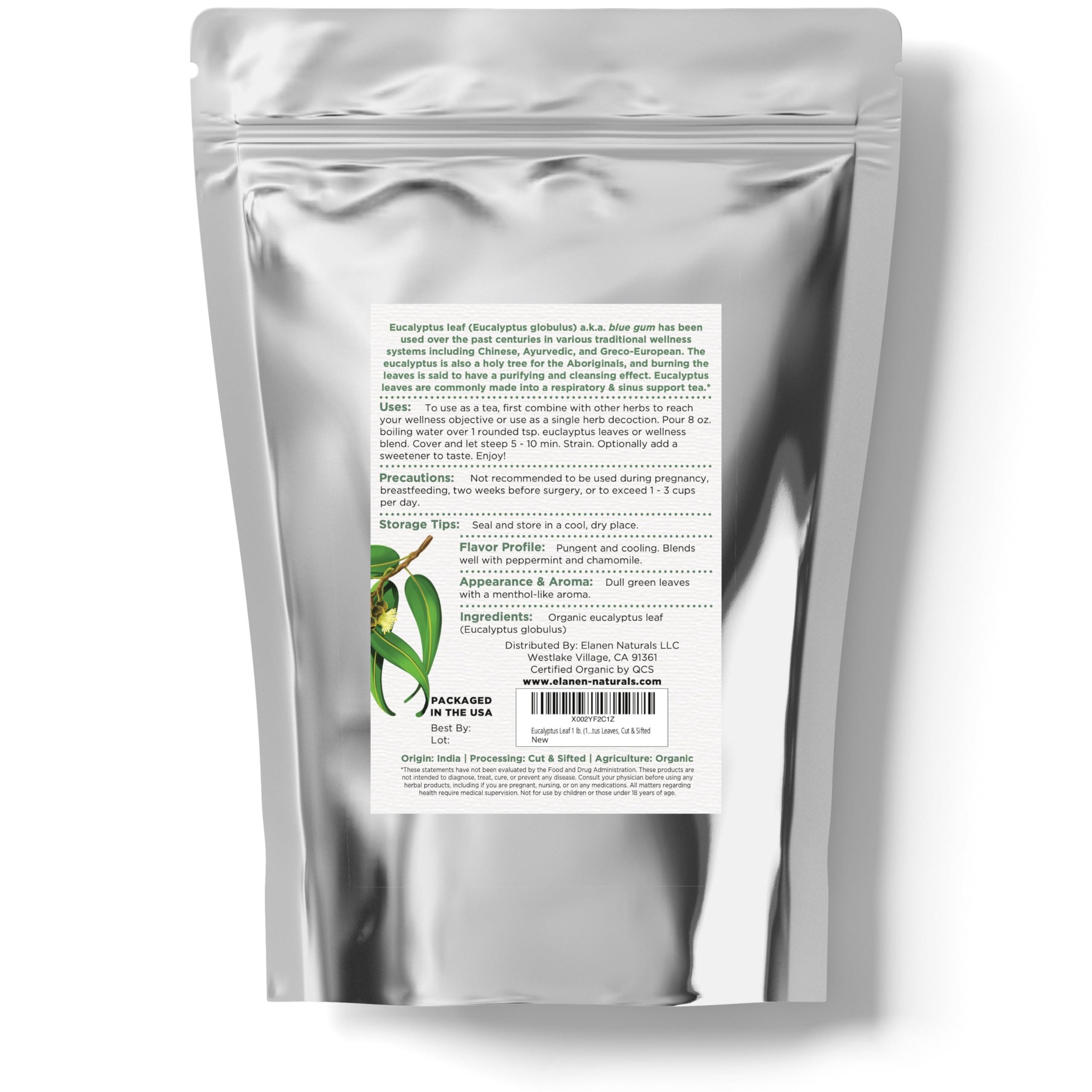 ELANEN naturals Organic Eucalyptus Leaf Tea 1 lb. (16 oz.), USDA Organic Eucalyptus Tea, Eucalipto Hojas Naturales, Eucalipto Leaves, Te De Eucalipto, Eaucalyptus, Calyptus, Cut & Sifted