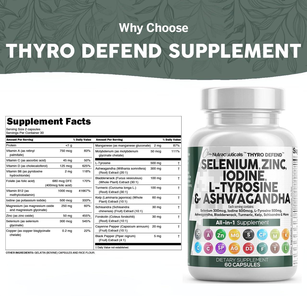 Clean Nutraceuticals Clean Nutra Selenium 300mcg Iodine 500mcg Thyroid Support for Women & Men | L Tyrosine 500mg Ashwagandha Supplement Bladderwrack, Turmeric, Kelp, Schisandra Zinc Pills Capsule Supplements