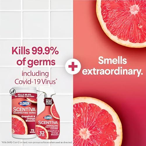 Scentiva Scentiva Clorox Disinfecting Multi-Surface Cleaner Spray 32 Ounce & Disinfecting Wipes-75 Count, Tahitian Grapefruit Splash Scent Bundle