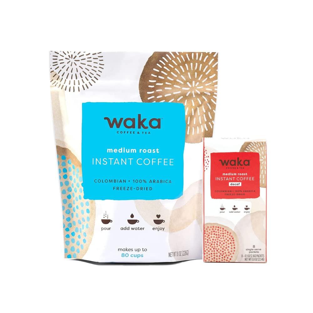 Waka Coffee Waka Quality Instant Coffee — Colombian Medium Roast 8 oz and Colombian Decaf Single Serve Box — 100% Arabica Freeze Dried Beans — No Sugar Added & Unsweetened