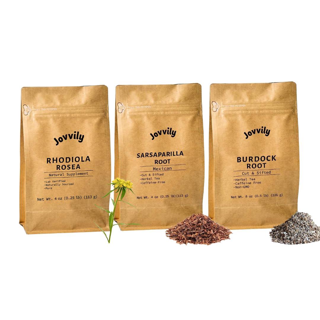 Jovvily Jovvily Rhodiola Rosea, Burdock Root, & Dandelion Leaves Bundle- 4oz - Cut & Sifted - Warm Teas - No Additives
