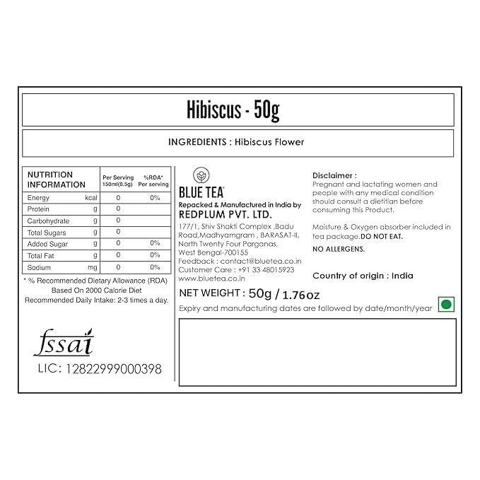 BLUE TEA BLUE TEA - Hibiscus Tea - 1.76 Oz (50+ Cups) Loose | SKIN GLOW ENHANCING TEA | Herbal Tea - Flower Based - Non-Bitter - Caffeine Free - Tangy Flavour - Vegan | Reusable Pet Jar