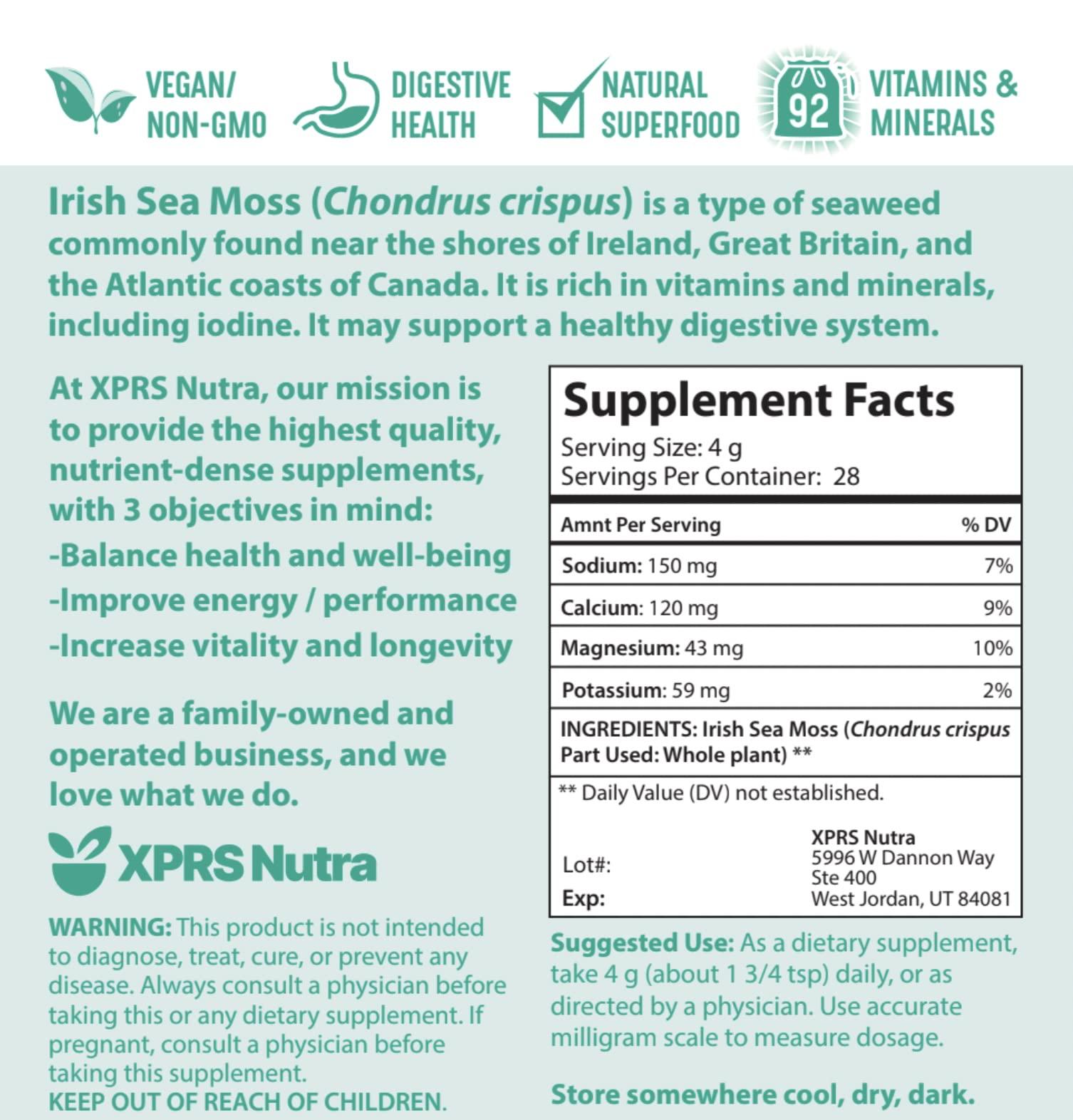XPRS Nutra XPRS Nutra Irish Sea Moss Powder (Chondracanthus Chamissoi) - Premium Wildcrafted Seamoss Powder for Glowing Skin - Total Body Health Sea Moss Drink Powder - Vegan Friendly Irish Moss Powder (4 oz)