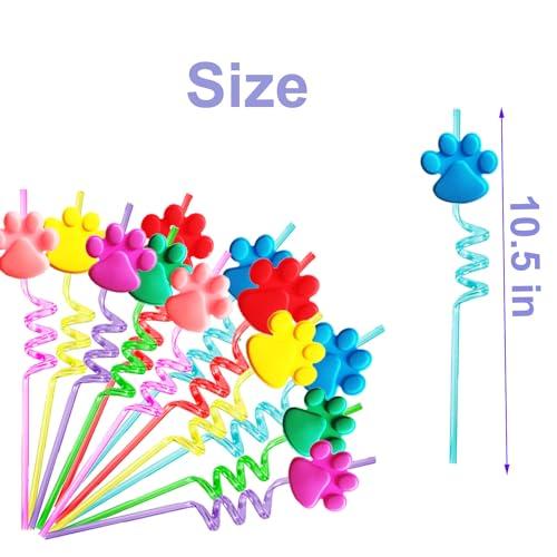 DFCROMI Paw Straws Birthday Party Decorations Supplies, 24pcs Paw Print Patrol Reusable Plastic Fun Cute Crazy Silly Drinking Straws+2pcs Cleaning Brush for Pet Dog Puppy Pals Cat Birthday Suppliers Favors