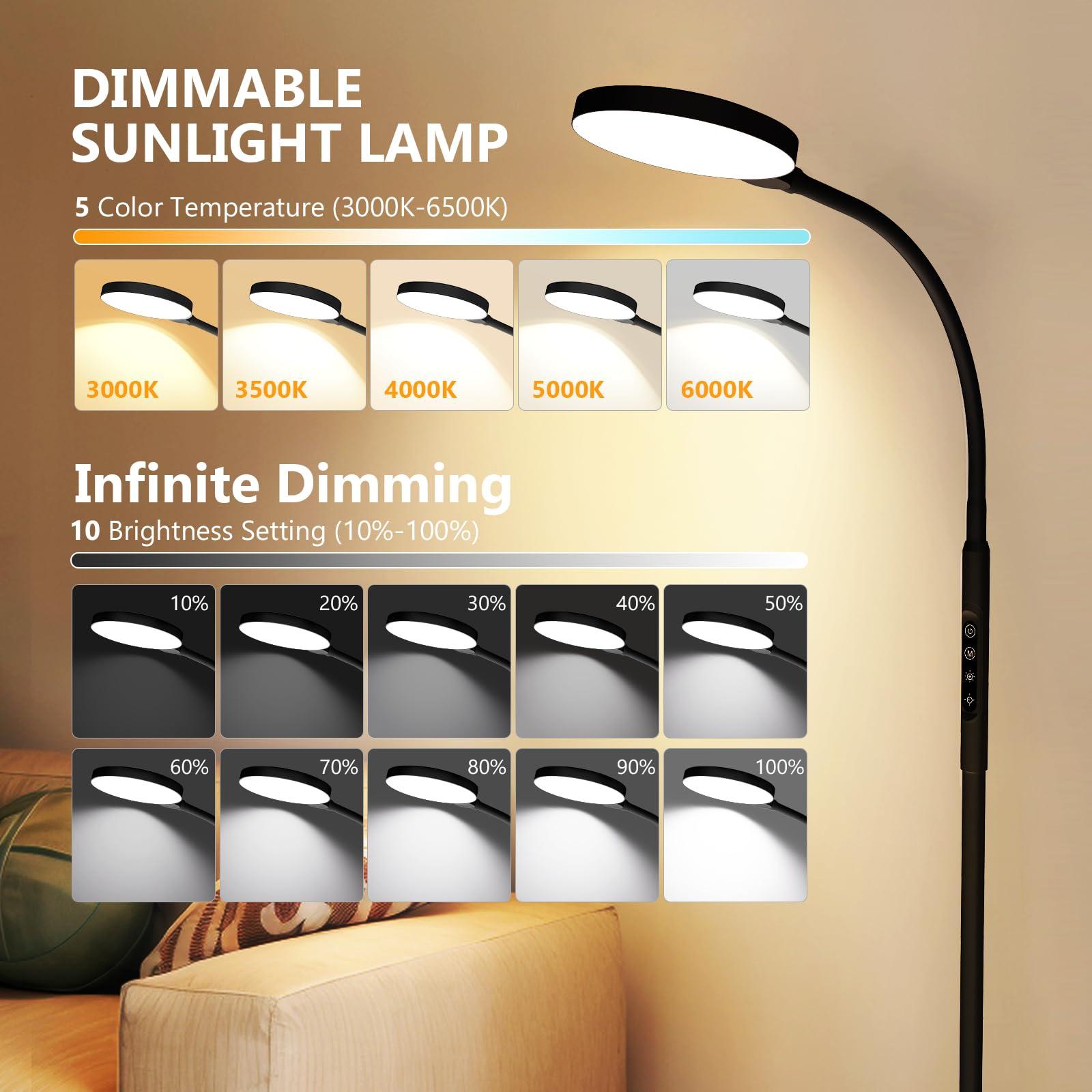 Aulaidik Light Therapy Lamp, 3 in 1 Happy Therapy Floor Lighting, 11000 Lux Full Spectrum Therapy Lamps, UV-Free LED Sunlight, 10 Brightness/5 Color/Gooseneck/Height Adjustable With Remote Timer Control, Black