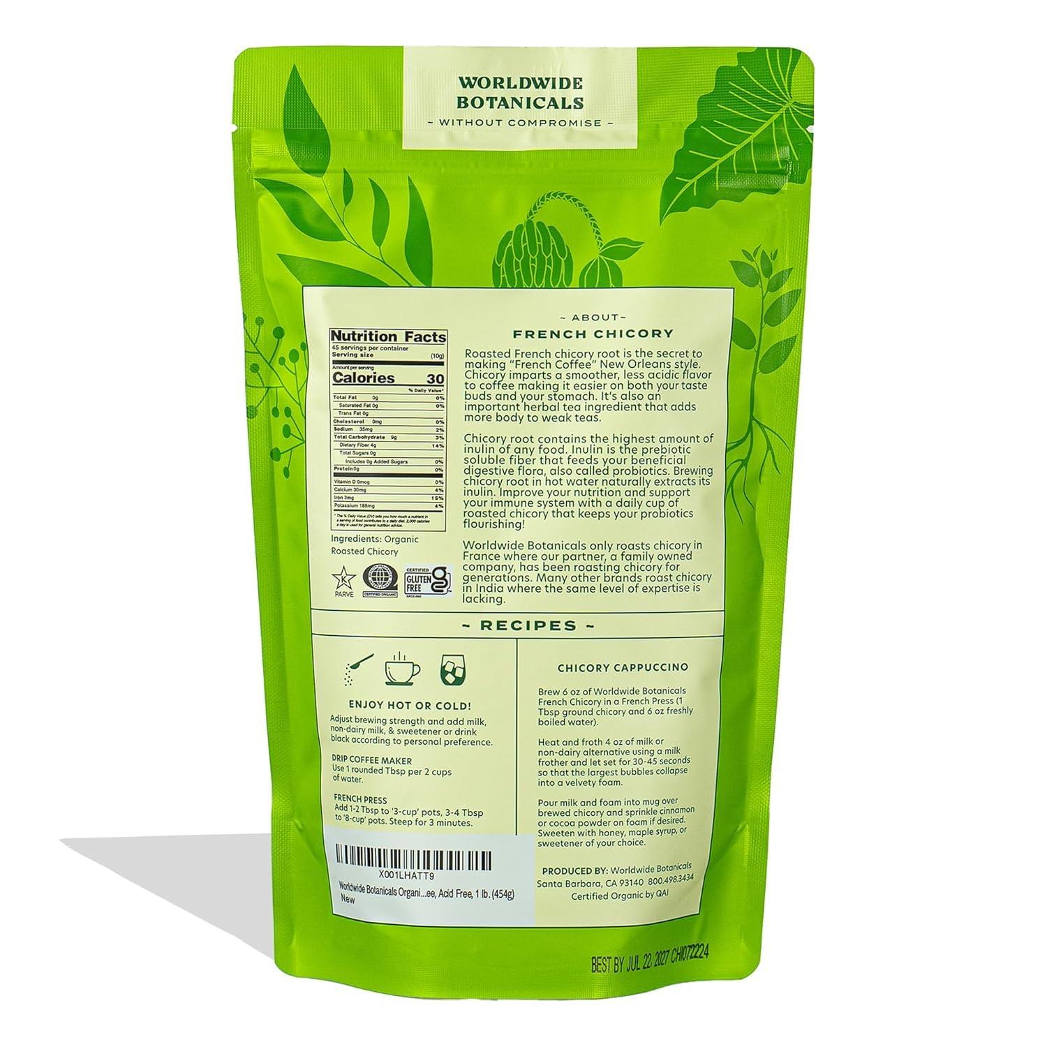Worldwide Botanicals Worldwide Botanicals French Chicory Root, 1 Pound - Brew Like Coffee, Blend Roasted Chicory Root With Coffee, Prebiotic, Acid Free, Caffeine Free, Kosher